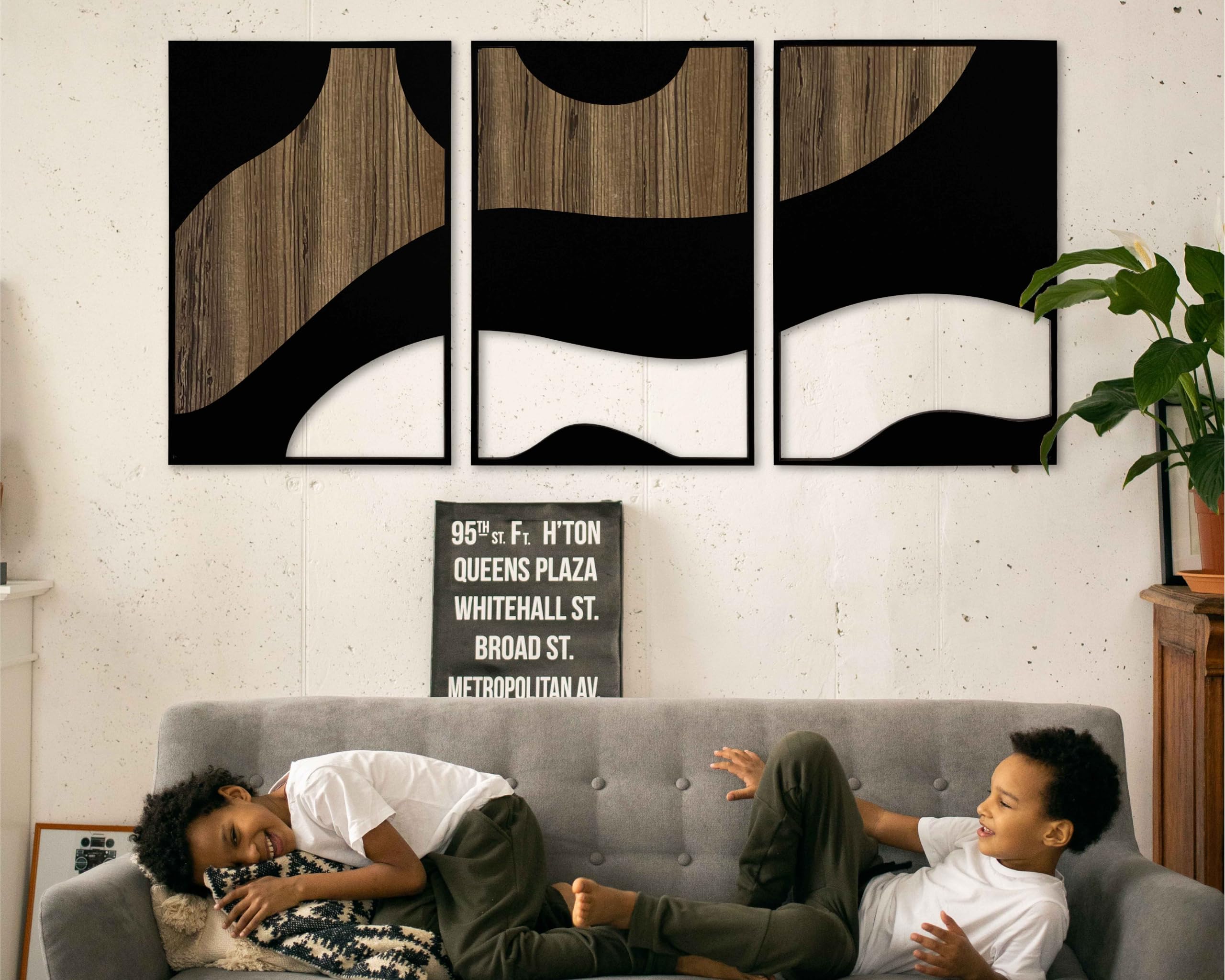 Zeitgenössische Holzwandkunst, Triptychon, abstrakte Kurven im Erdton, Wanddekoration, moderne neutrale Wandpaneele, neues Zuhause, Akzente, Geschenk für Wohnzimmer und Schlafzimmer