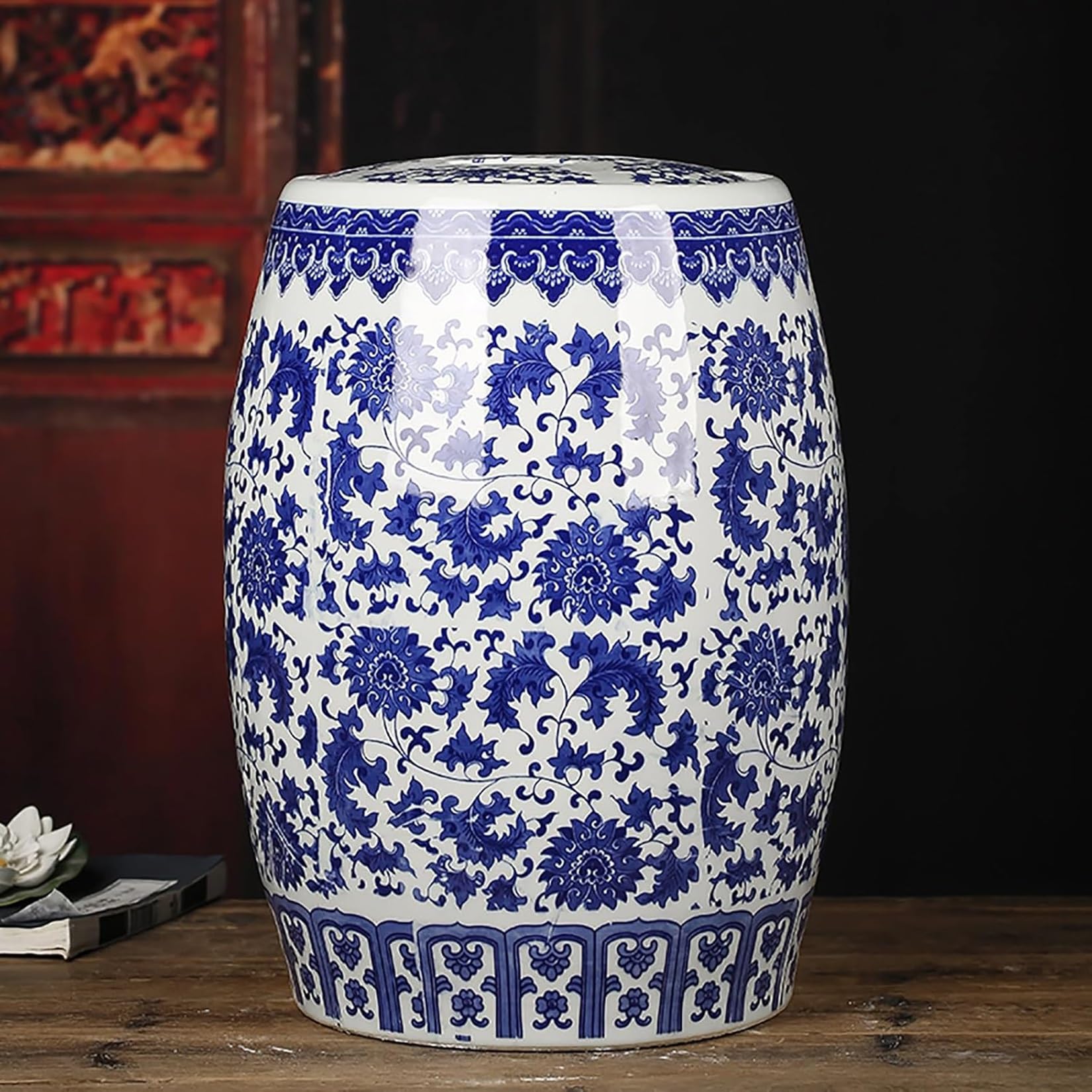 MMleYN 10/15/25KG Large Ceramic Rice Bucket With Lid Blue And White Porcelain Airtight Dispenser Chinese Retro Food Storage Jar For Rice Flour Tea Kitchen Household(D,25kg)
