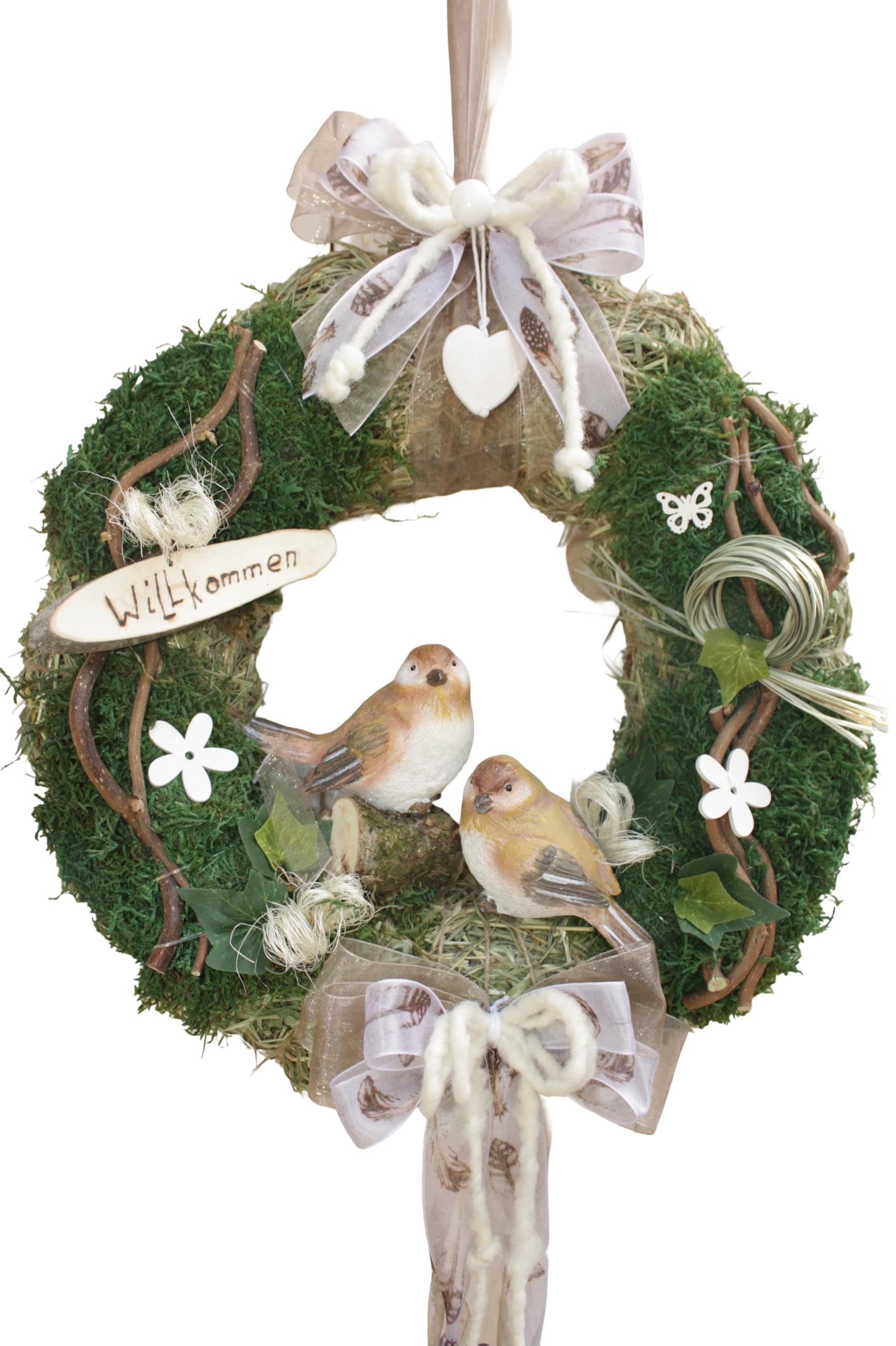 Türkranz D32 cm Sommer mit Zwei Vögel, Taupe weiß | für Tür und Wand, Handgefertigt in Deutschland, Mit Schleife und Willkommen-Schild