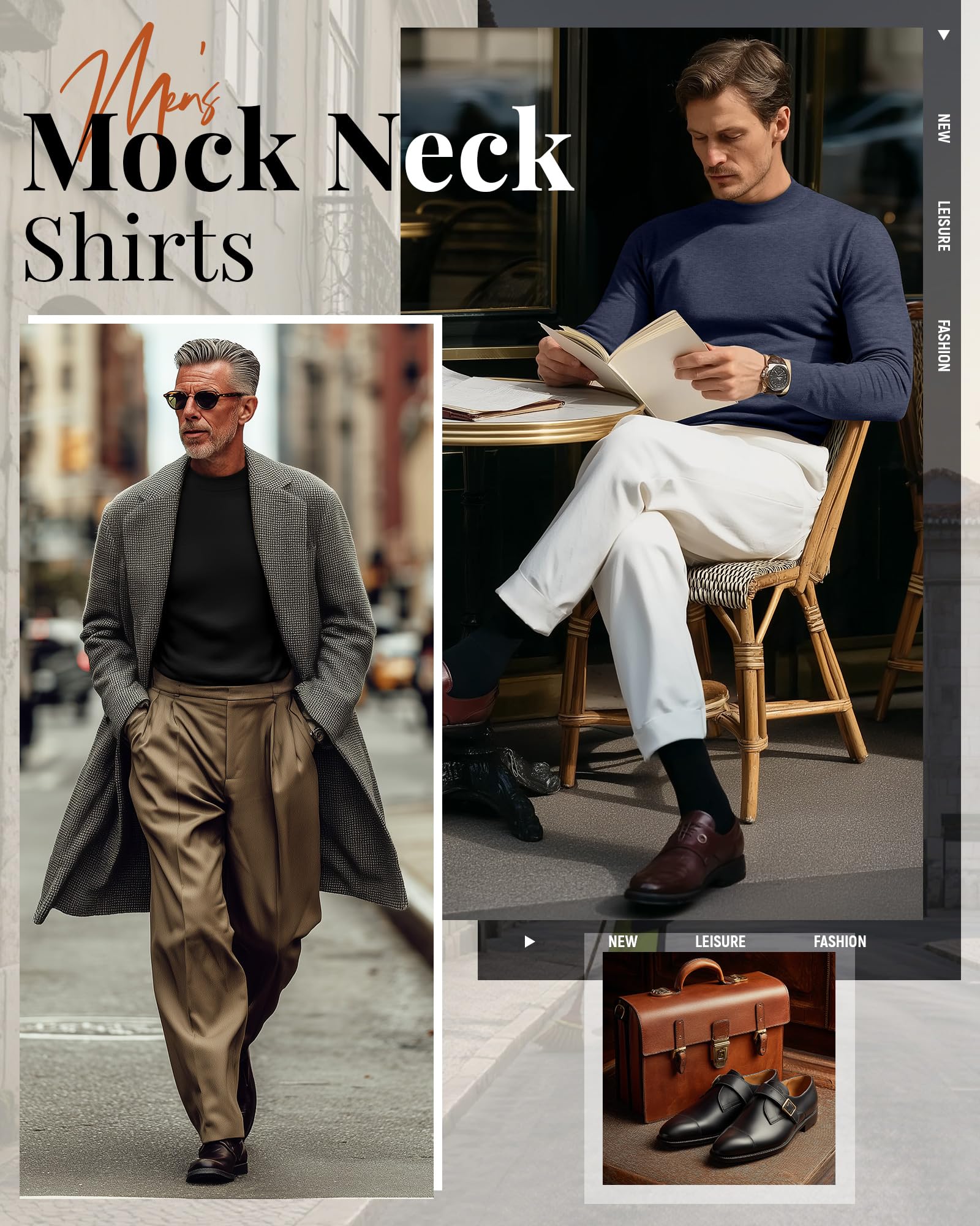 Neer Lot de 4 chemises à col montant pour homme, manches longues, col roulé, coupe ajustée, t-shirts décontractés, légers et basiques