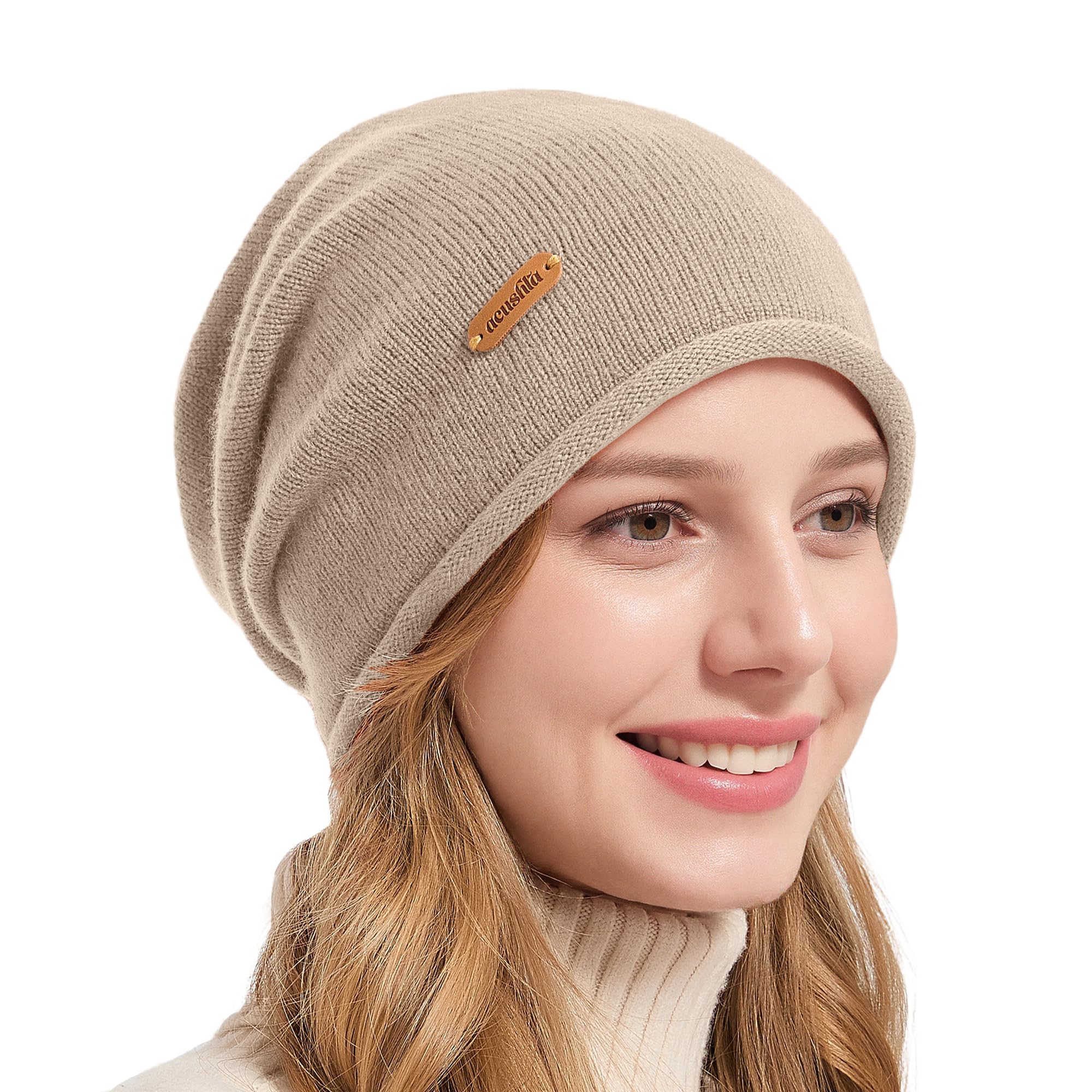 Acushla Unisex Light Beige 100% Merino Wool Slouchy Beanie For Women & Men Knit Winter Hat Warm Skull Cap For Cold Weather