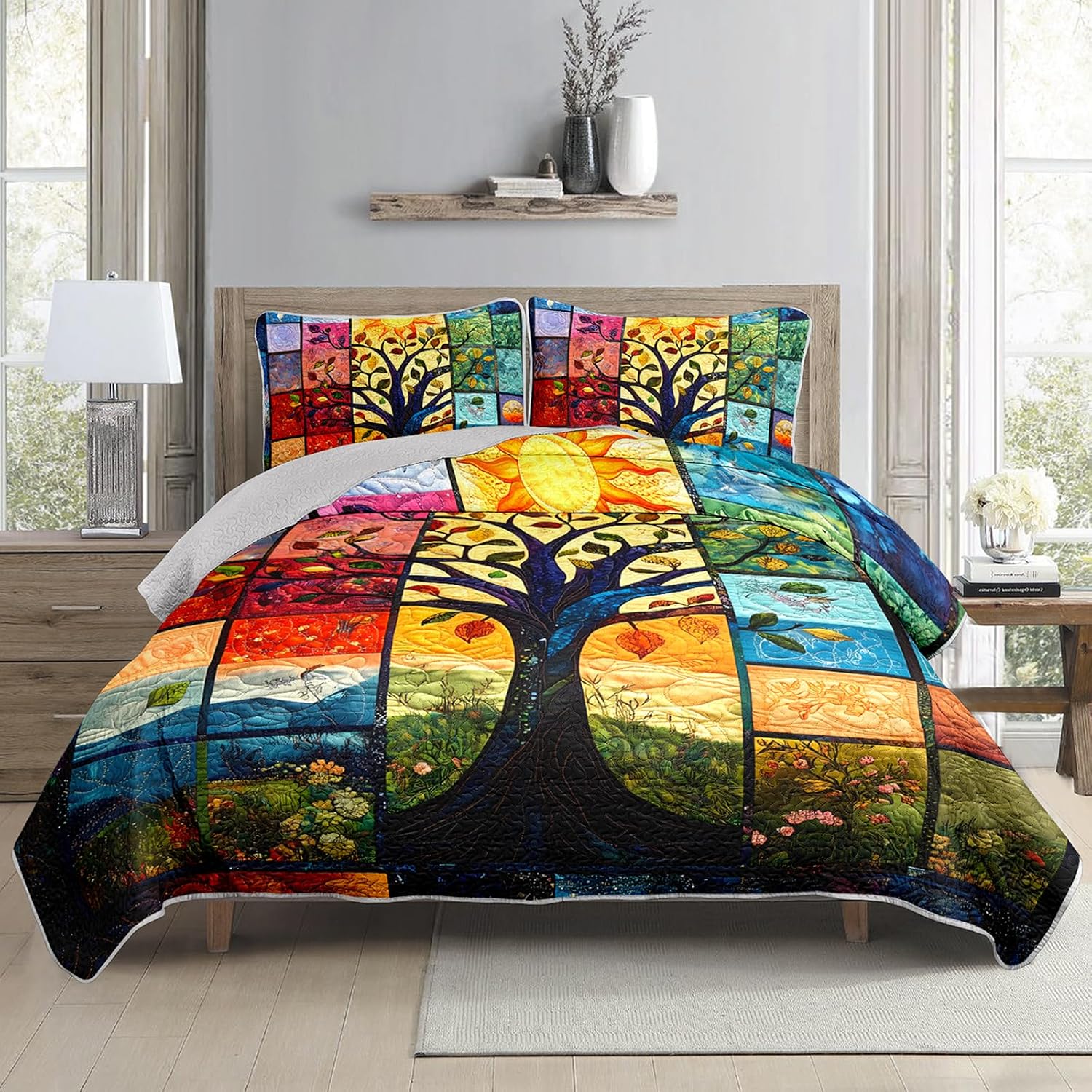 AILONEN Tree of Life Quillt Set Queen Size, Sun Moon Boho Bedspread Coverlet,Soft Microfiber Quilt,2 Pillowcases,3-Piece Colorful Natural Botanical Print Bedding