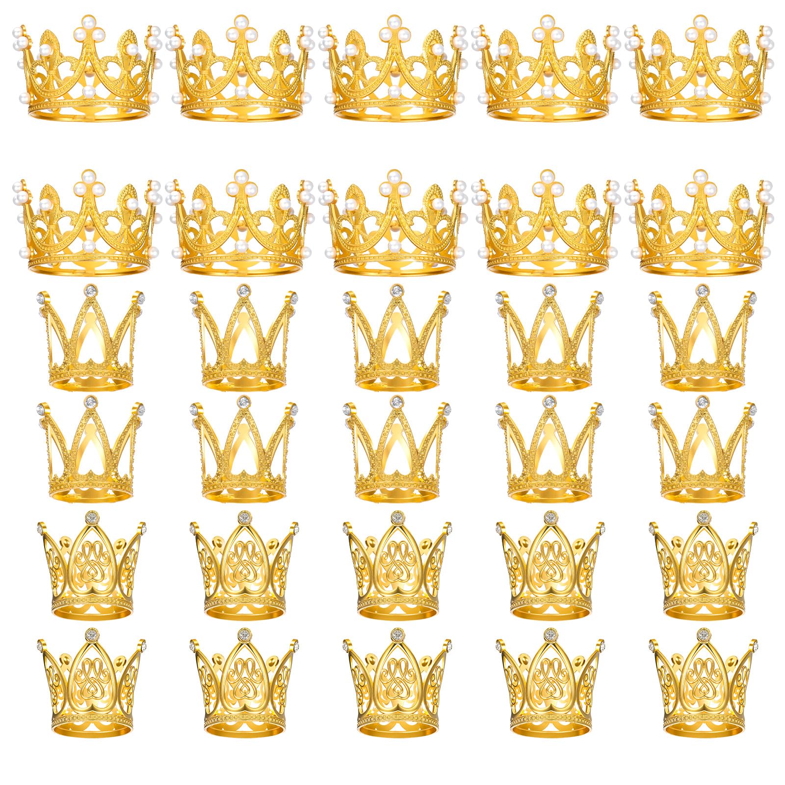 Photo 1 of 30 Pcs Gold Crown Cake Toppers, Mini Crowns for Flower Bouquets, Birthday, Cake, Wedding, Baby Shower, Party Decorations, 3 Styles with Rhinestone Pearl and Alloy Designs