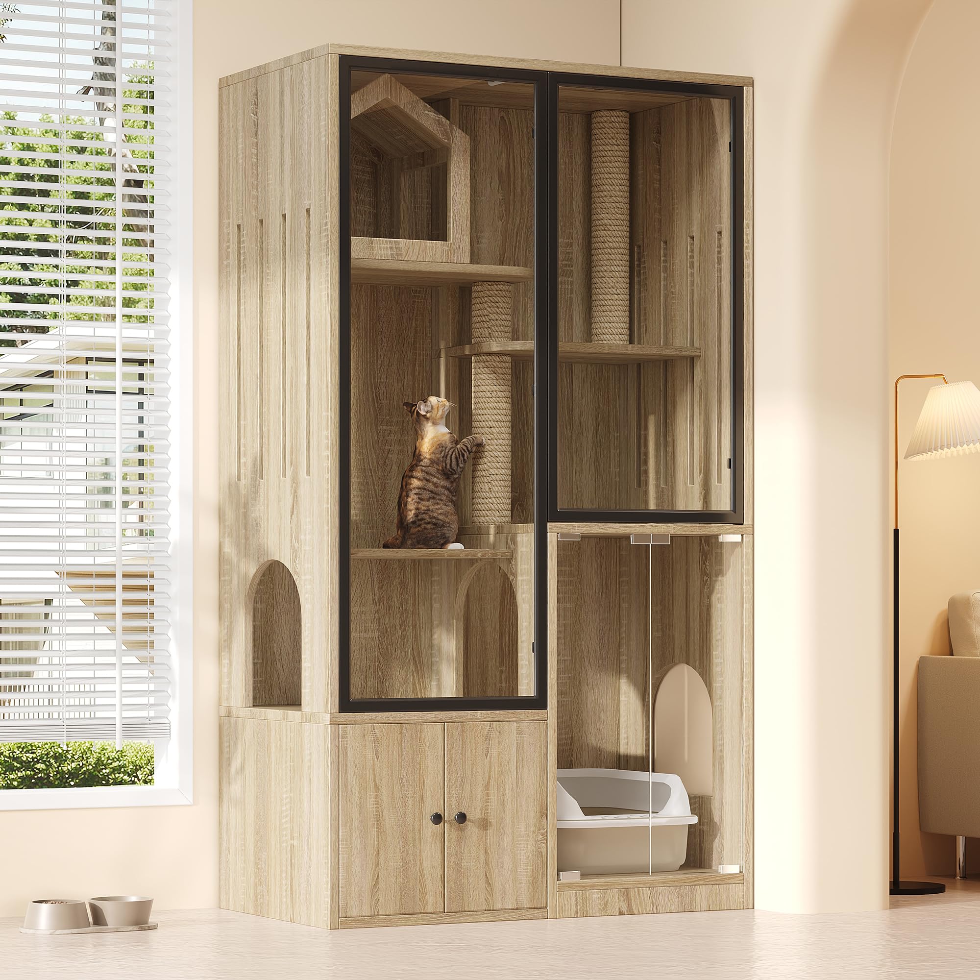 Grande gabbia per gatti 90x50x160 cm, villa per gatti a 4 piani con facciata in vetro, casa per gatti e casetta per piccoli animali resistente all'inverno, inclusa colonna per graffiare – per interni