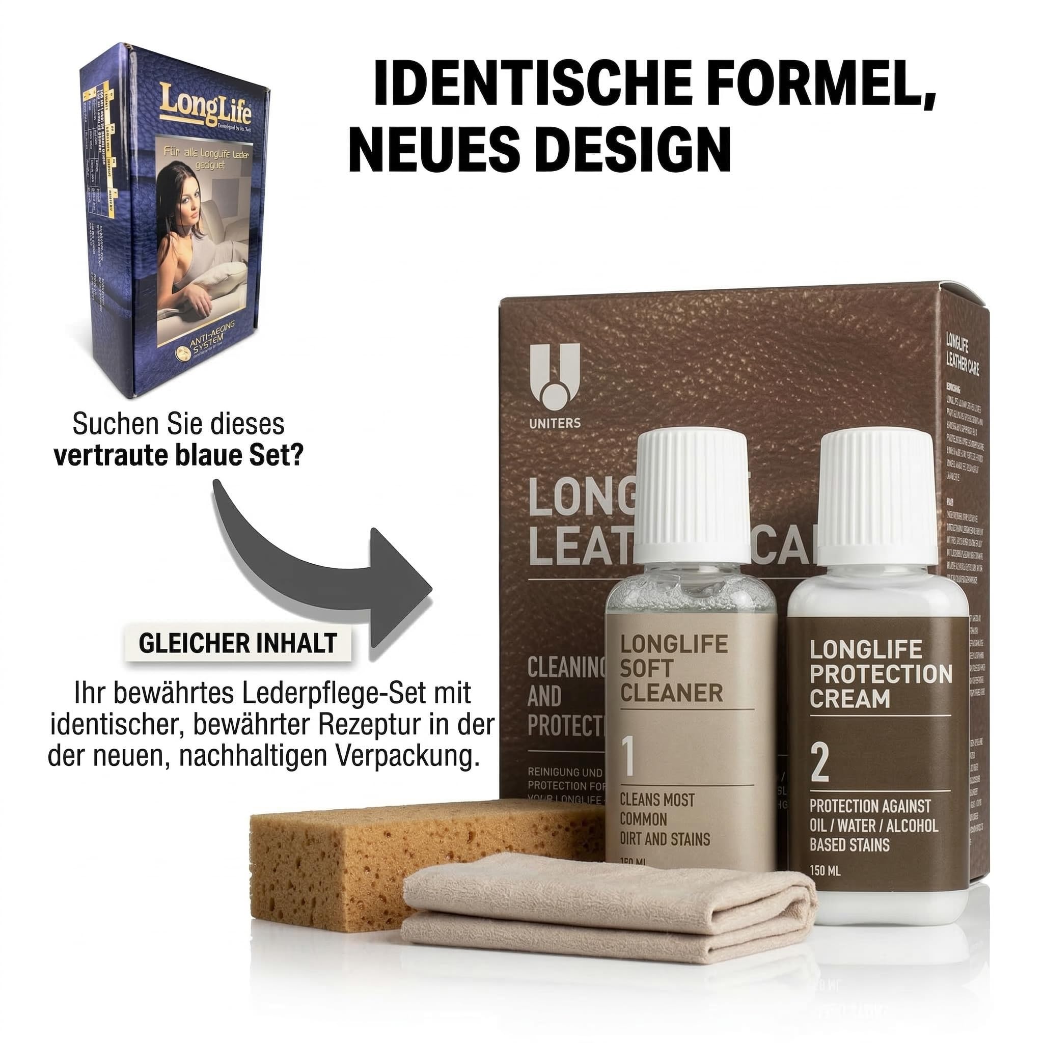 Uniters Longlife Leather Care Kit d'entretien du cuir 2 x 150 ml nettoyant et crème de protection pour cuir avec éponge et chiffon, nettoyage, entretien et protection pour cuir lisse, canapé, fauteuil