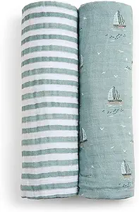 aden + anais Boutique Organic Cotton Muslin Swaddle 2 Pack, Breathable Baby Receiving Blanket, Soft and Lightweight Wrap, Sailing Seas