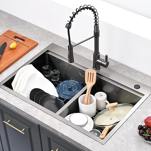 Miniatura 7 de ALWEN Fregadero de cocina doble de 33 pulgadas, color negro, hecho a mano, con estación de trabajo de montaje superior, calibre 16, fregadero de