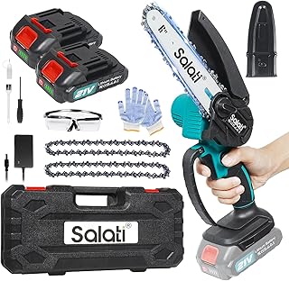 Mini Chainsaw Cordless 6-inch, Salati Cordless Electric Chain Saw with Safety Lock, 2 Rechargeable Battery & 2 Chains, One-Handed Portable Power Chainsaw for Tree Branch Wood Cutting and Garden