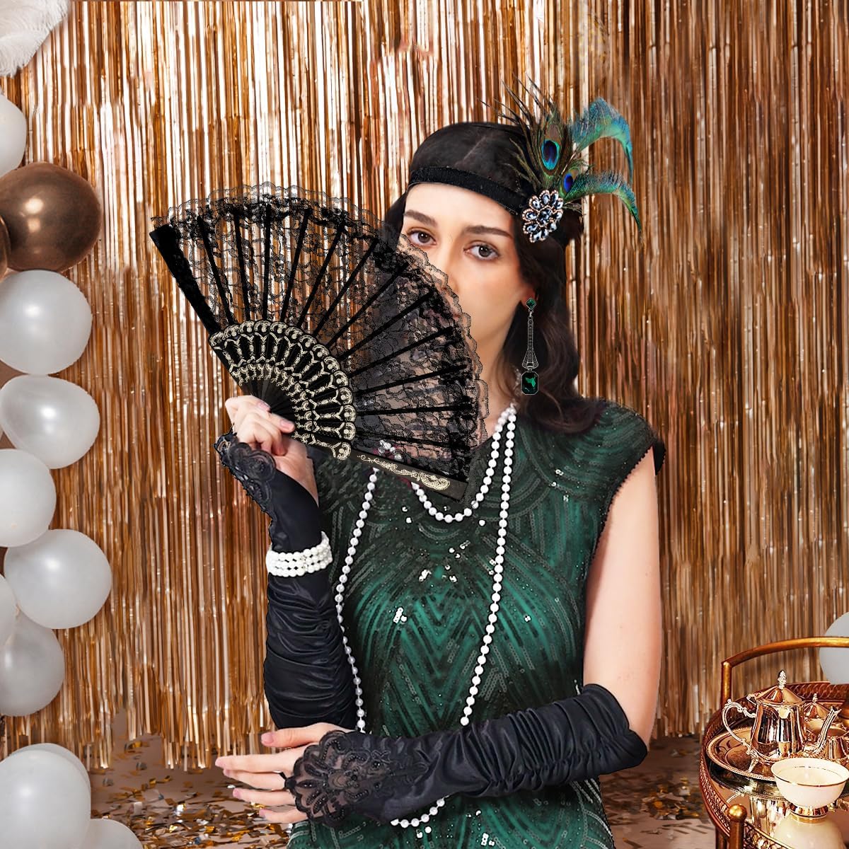 Women's Flapper Dresses 1920s Sequin Fringe Beaded Cocktail Crew Neck Dress Roaring 20s Accessories Vintage Lace Fan Headband - Image 5