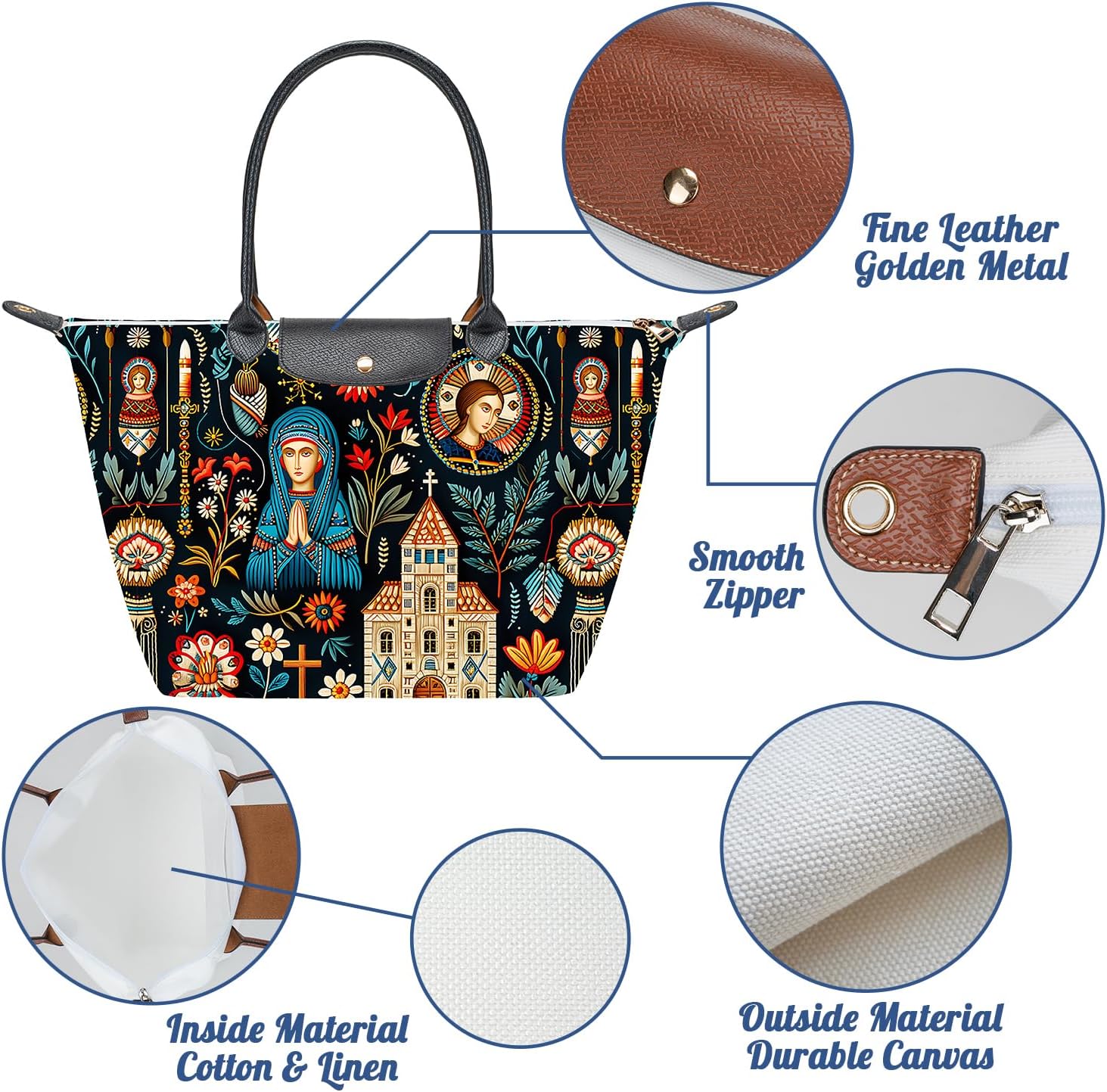 Medium Foldable Tote Bag with Zipper for Women, Fashion Canvas Bag - Image 4