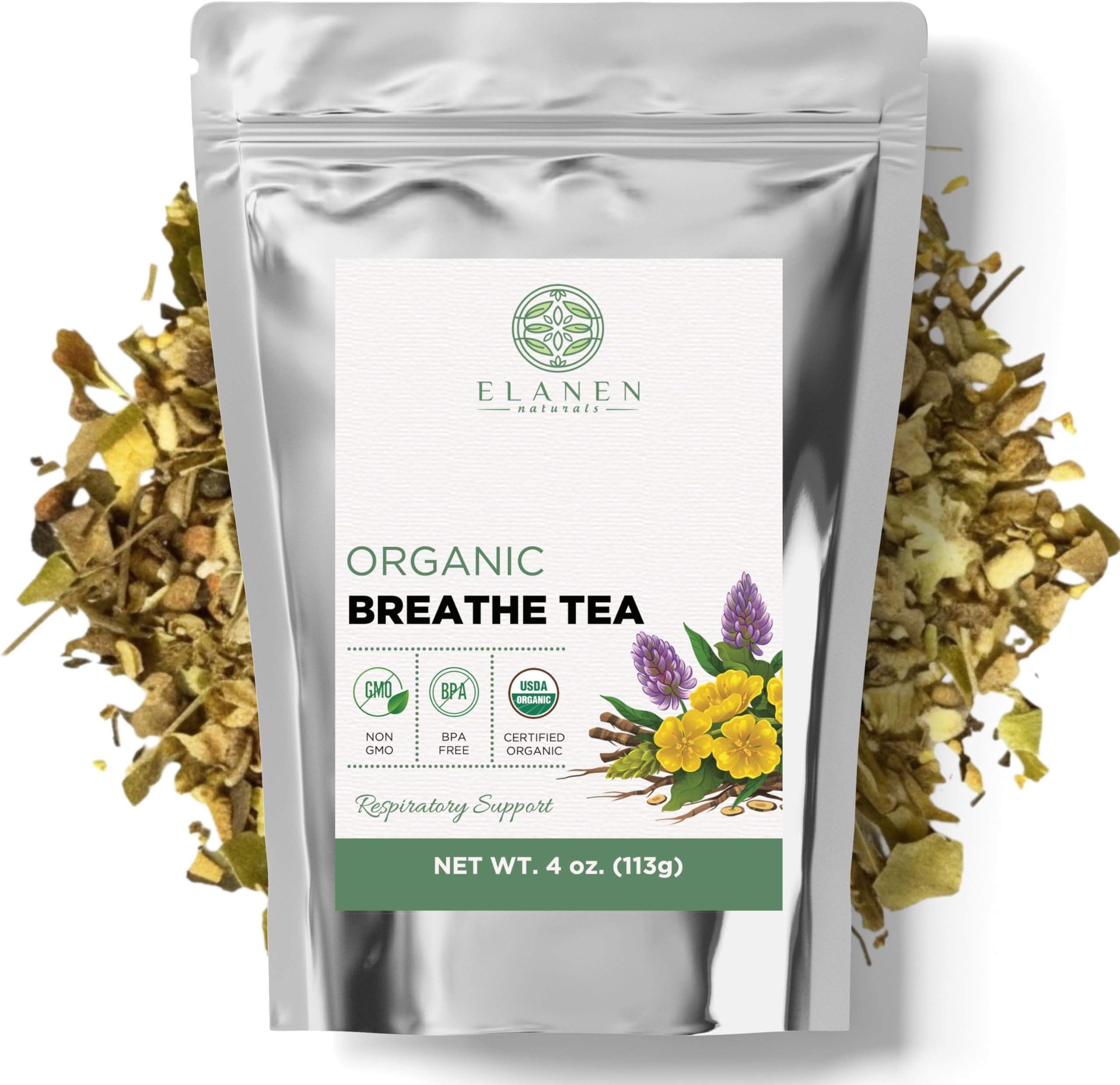 ELANEN naturals Organic Breathe Tea 4 oz. (113g), USDA Certified Organic Lung Tea, Bronchial Wellness Tea, Smokers Tea, Respiratory Tea, Gordo Lobo Herbs Tea, Mullein Detox Lungs Tea Organic