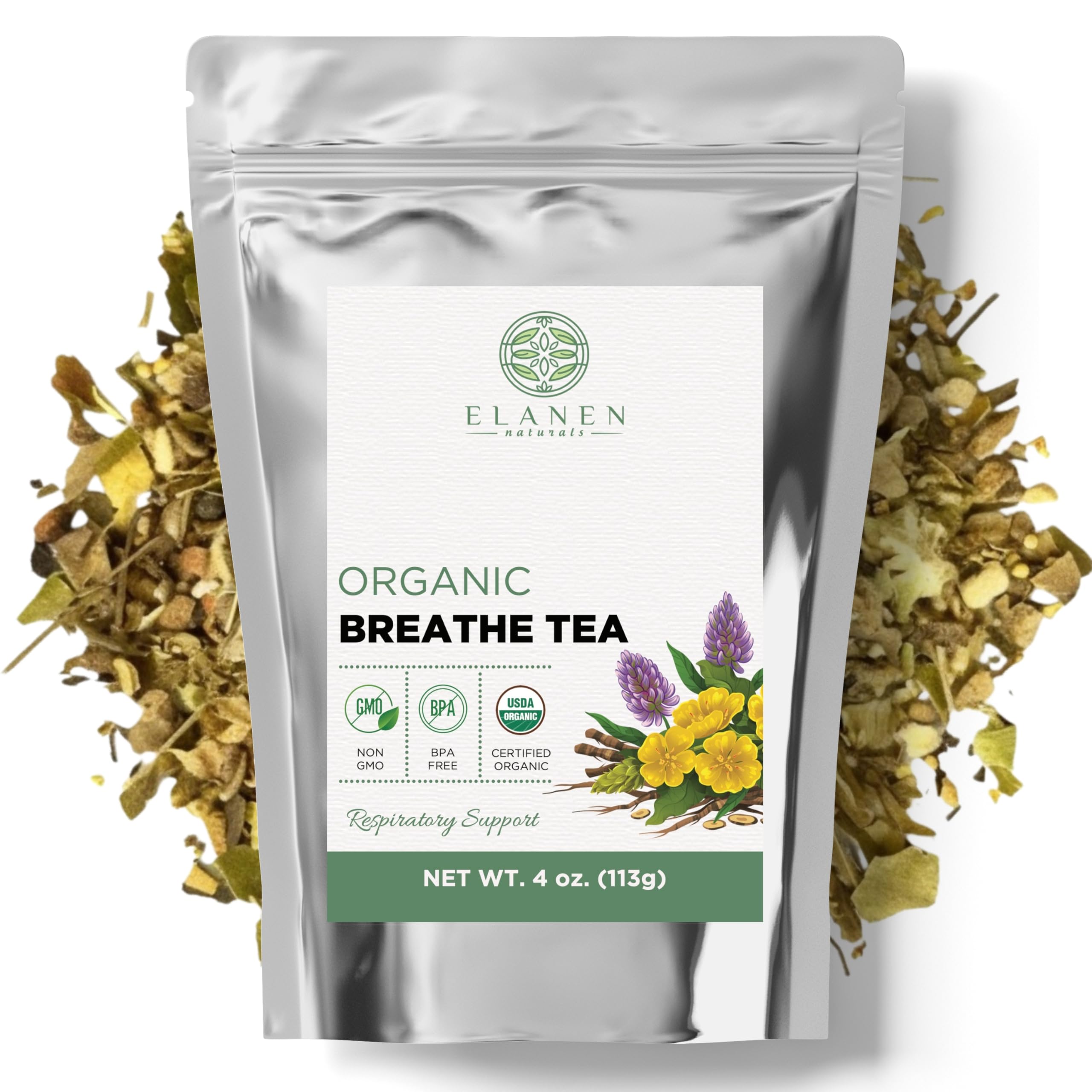 Elanen Naturals Organic Breathe Tea 4 oz. (113g), USDA Certified Organic Lung Tea for Bronchial Wellness and Smokers, Respiratory Blend, Gordo Lobo Herbs Loose Leaf, Mullein Detox Lungs, Cut & SiftedUSDA Organic