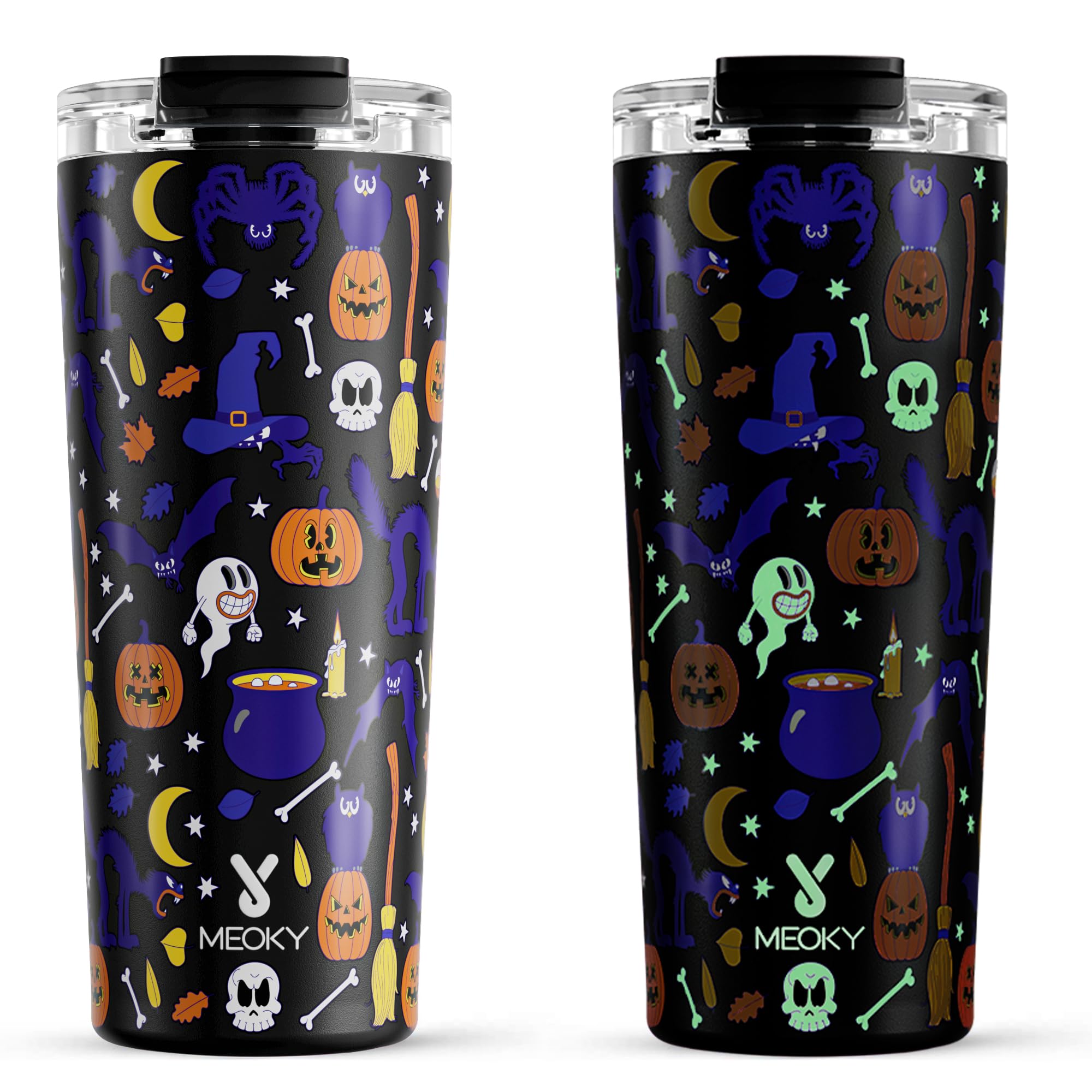 Meoky 24 oz Halloween Travel Coffee Mug with Leak-proof Lid, Glow in the Dark Stainless Steel Insulated Coffee Tumbler