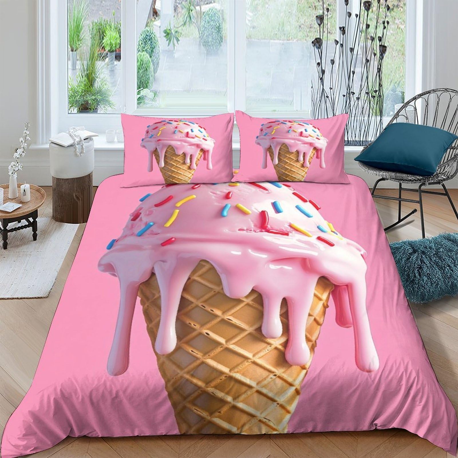Ctjqhvkz Style-2 3D Printed Pink Ice Cream Fitted Sheet Microfiber Soft Bedroom Decor Sprinkles Bed Cover For Home Dorm Guest Room Single（135X200cm）