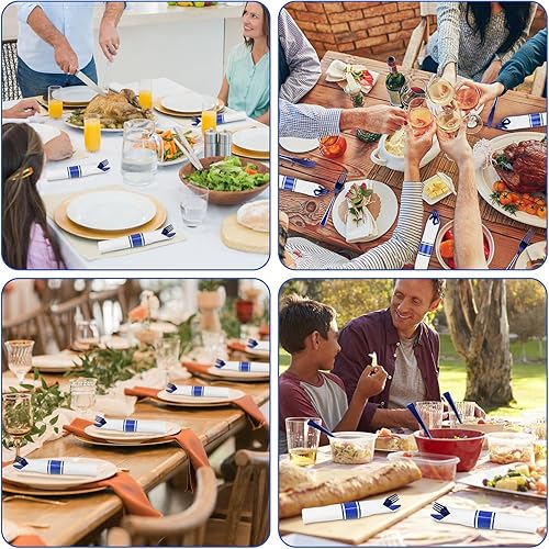 Miniatura 7 de Paquete de 100 cubiertos de plástico preenrollados azules, cubiertos enrollados azules con servilletas, juego de cubiertos de plástico preenrollados