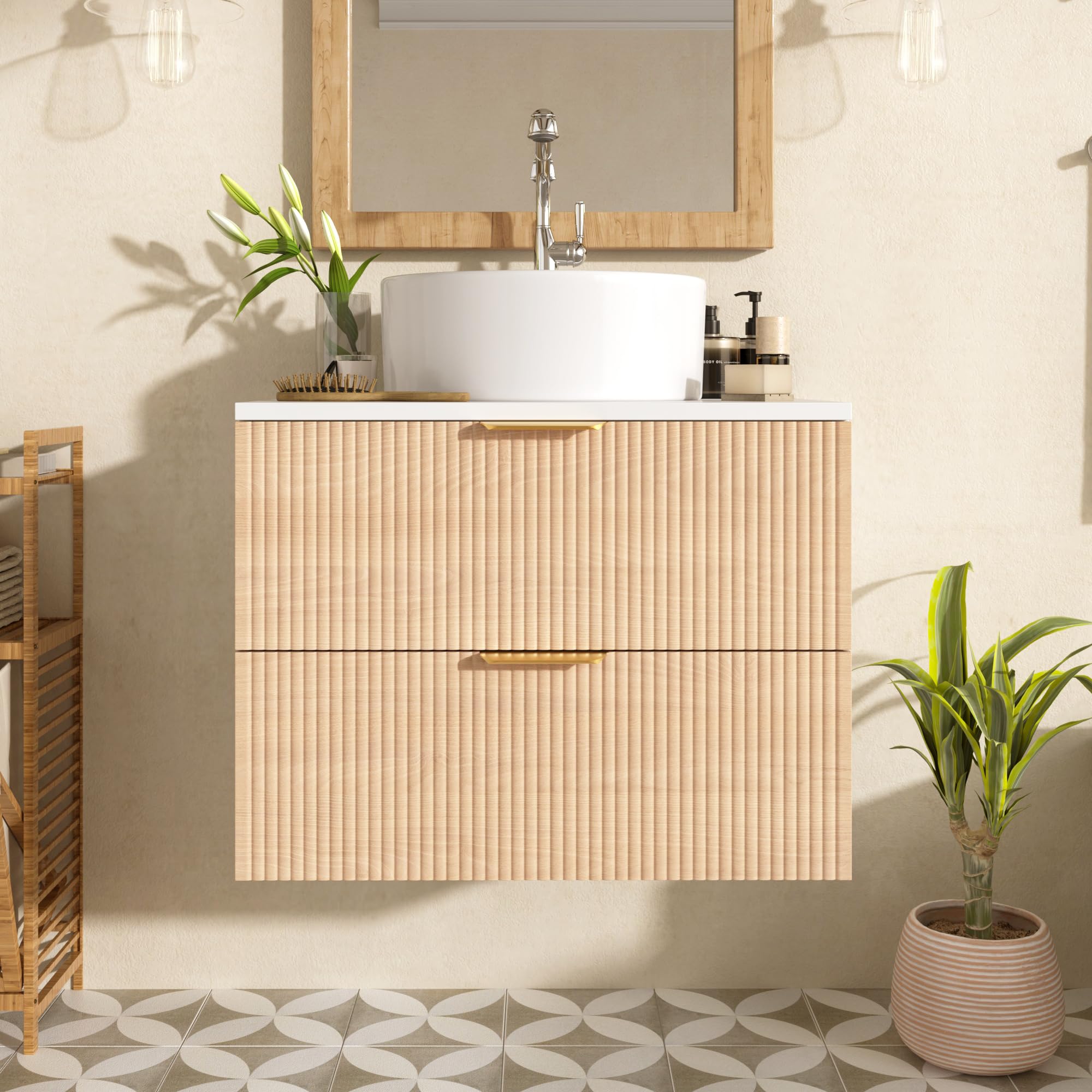 Armario de baño de 60 cm montado en la pared con lavabo de cerámica redondo, frentes de cajones con aspecto de madera con diseño de rayas simples, tablero MDF de alta calidad, gran capacidad de