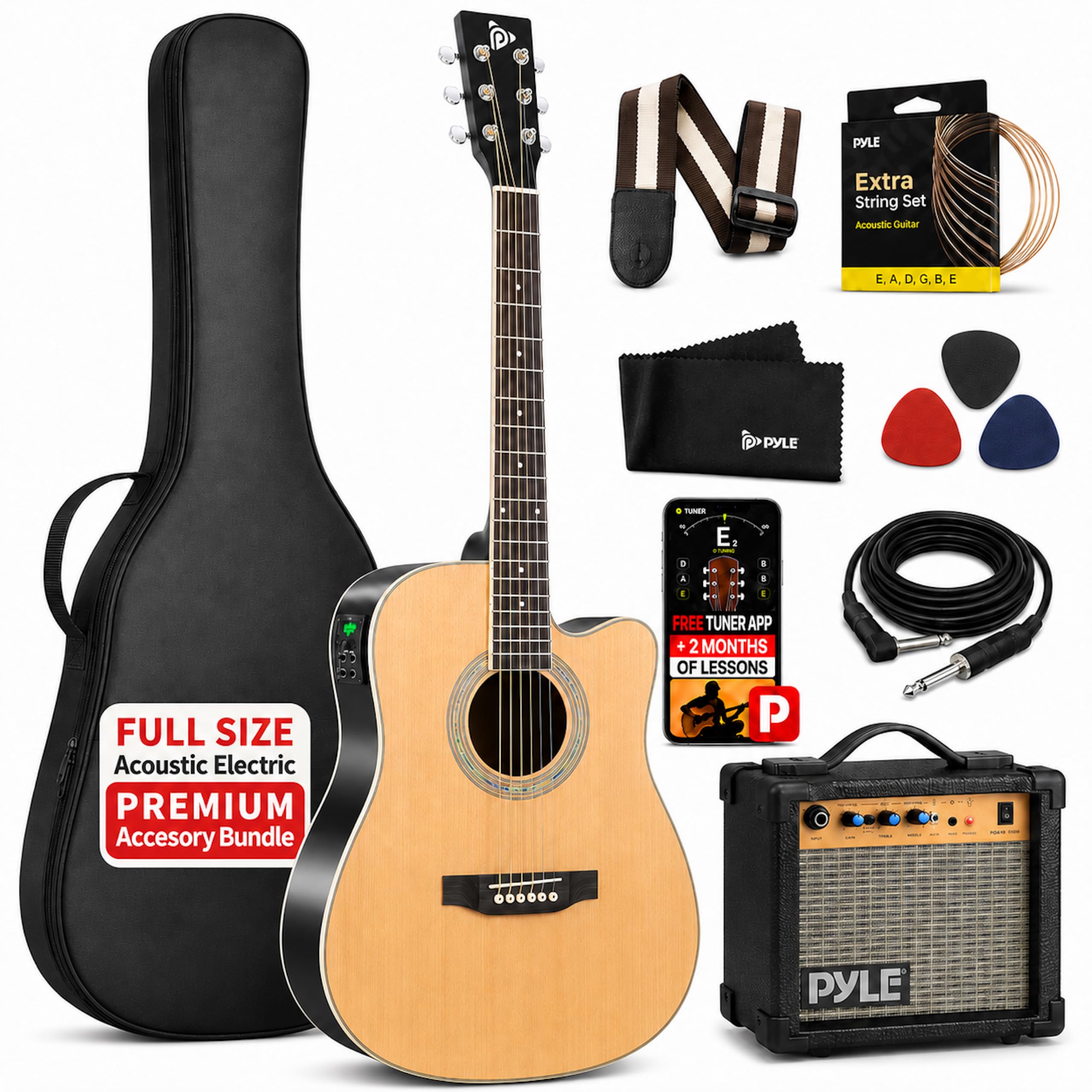 Akustyczna gitara elektryczna i zestaw wzmacniacza pełna skala 104 cm stalowy sznur świerkowy z torbą Gig Bag, 4-pasmowy EQ, tuner z klipsem i wbudowanym strojem, kostki, pasek na ramię dla początkujących i studentów