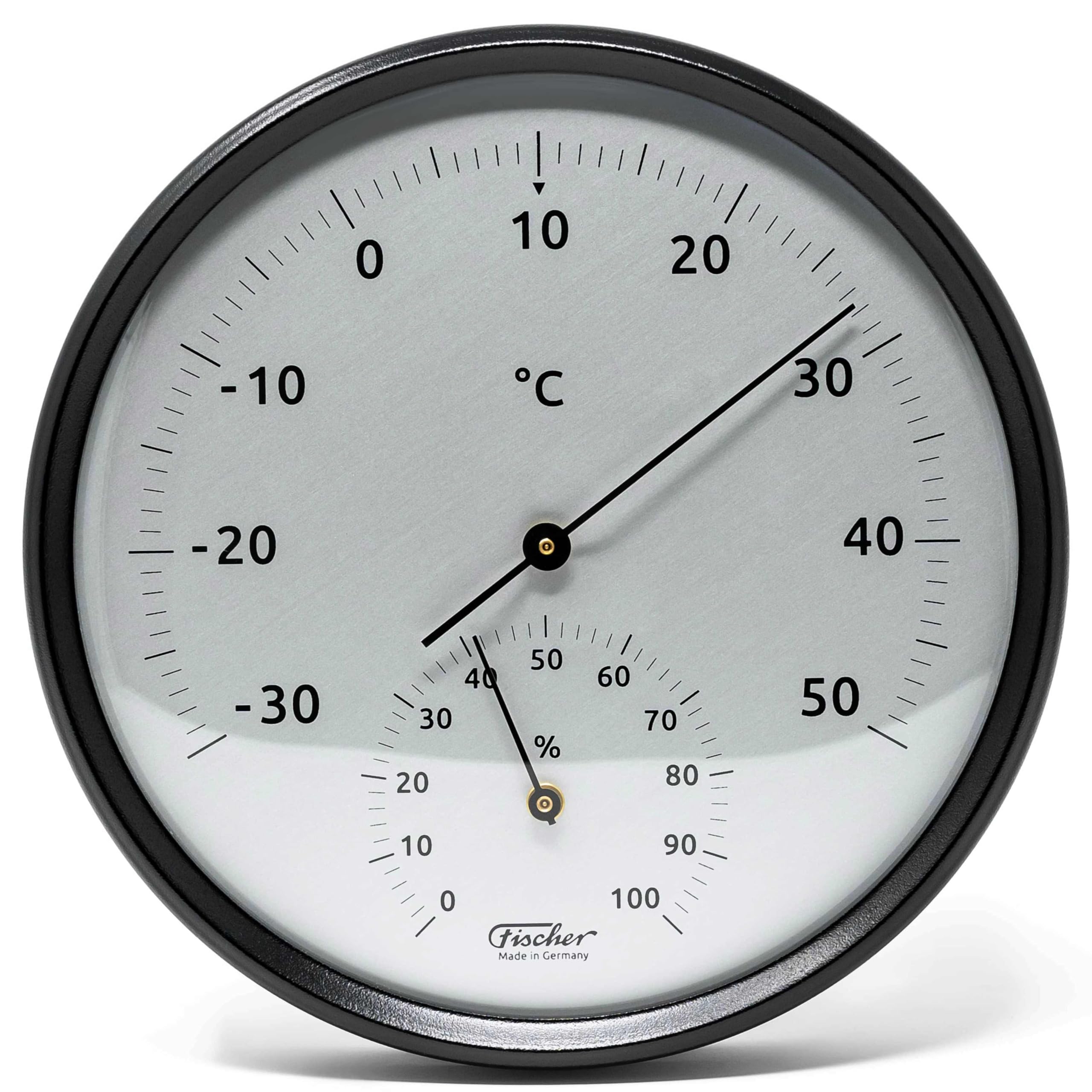 Fischer 186TH-06, termoigrometro, acciaio inox, nero, prodotto in Germania | Termometro e igrometro bimetallico, intervallo di misurazione 0-100% r. F., precisione ± 5% r F, 160 mm di diametro