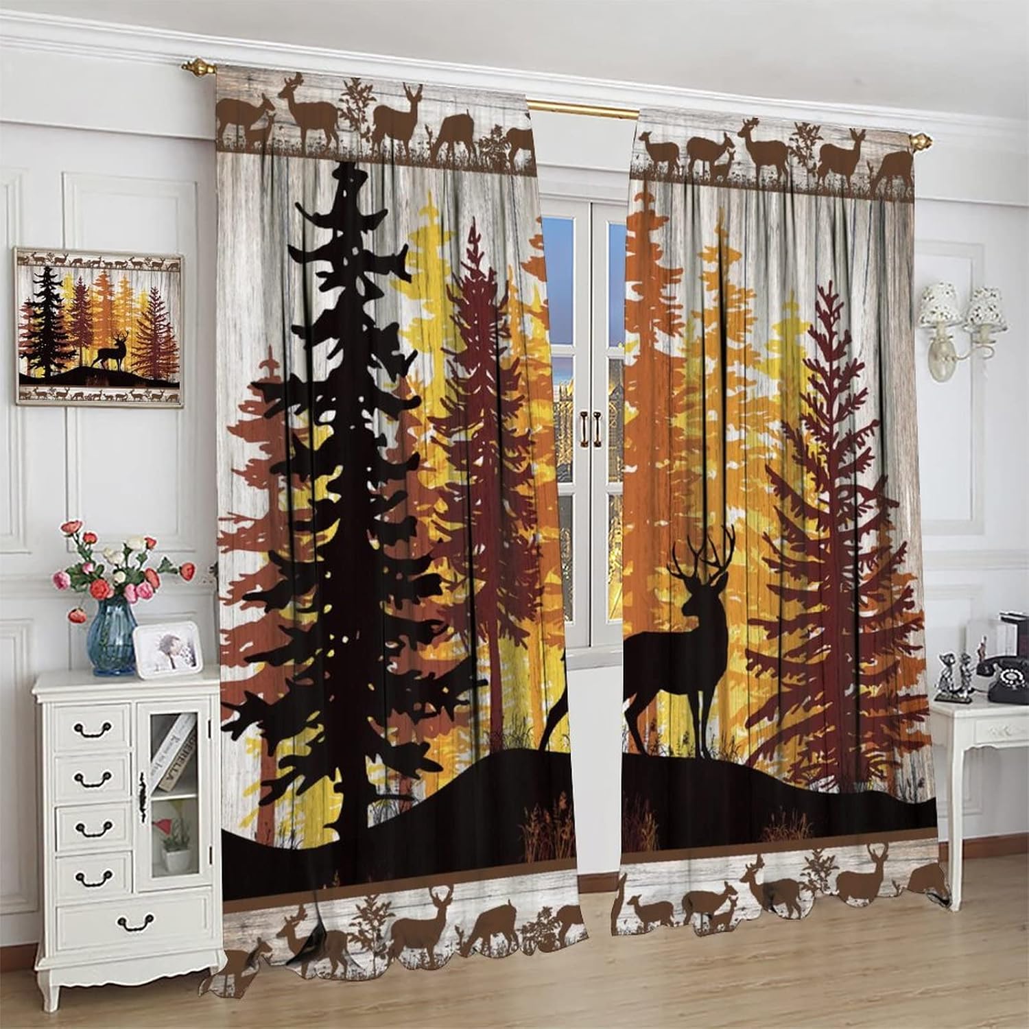 Rustic Cabin Deer Rod Pocket Blackout Curtains for Bedroom - Vintage Country Farmhouse Wooden Cute Deer Forest Print Window Drapes,Thermal Insulated Room Darkening Curtains 2 Panels 63L x 21W