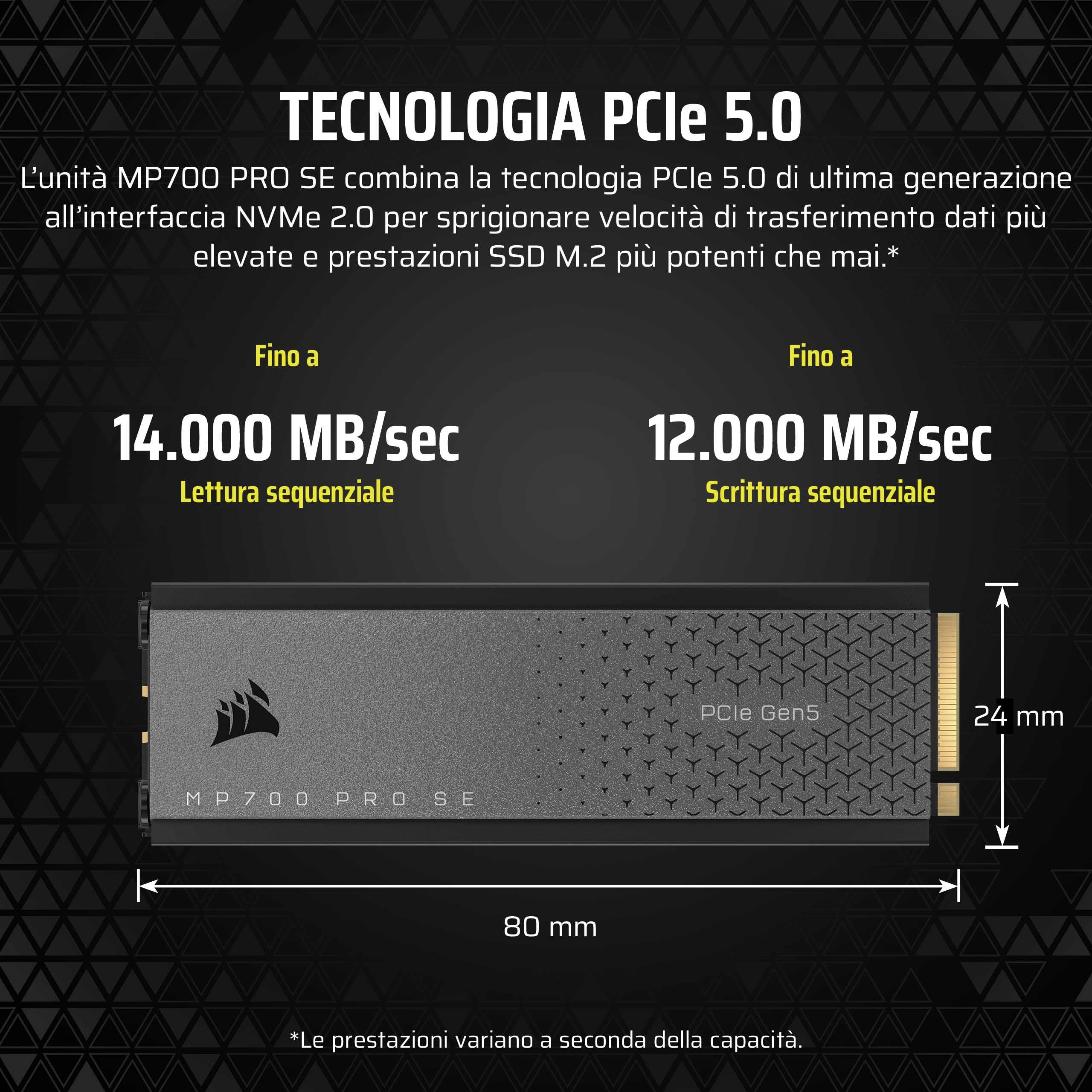 Corsair MP700 PRO SE con Raffreddatore ad Aria 4 TB PCIe 5.0 x4 NVMe 2.0 M.2 SSD – M.2 2280 – Fino a 14.000 MB/sec in Lettura Sequenziale – NAND 3D TLC ad Alta Densità – Nero