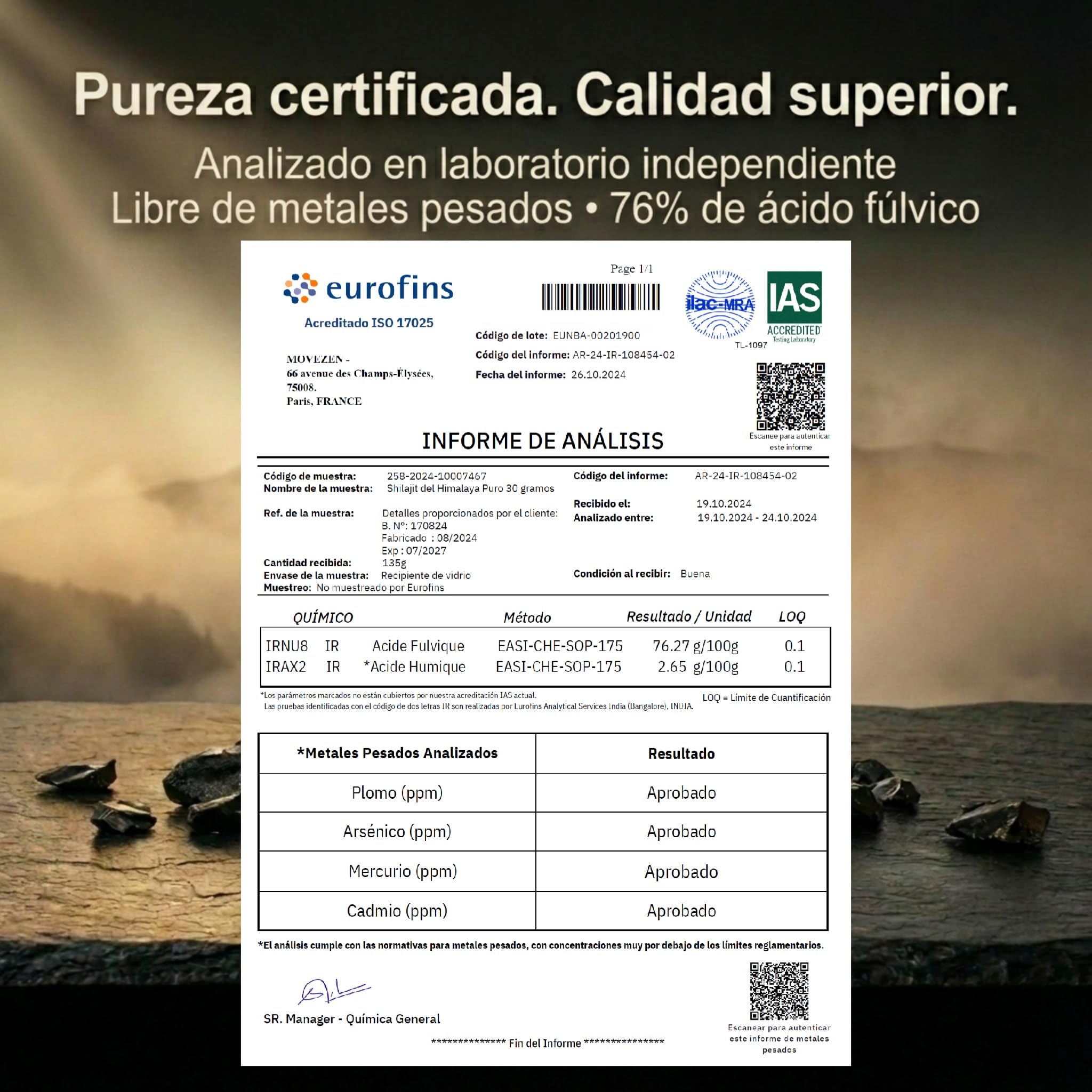 Shilajit+ MOVEZEN 30 g, resina de Shilajit puro (mumijo), ≥75% ácido fúlvico probado por Eurofins, Himalaya 5000 m, rico en 85 minerales, sin aditivos, 50 días, Halal, cuchara incluida