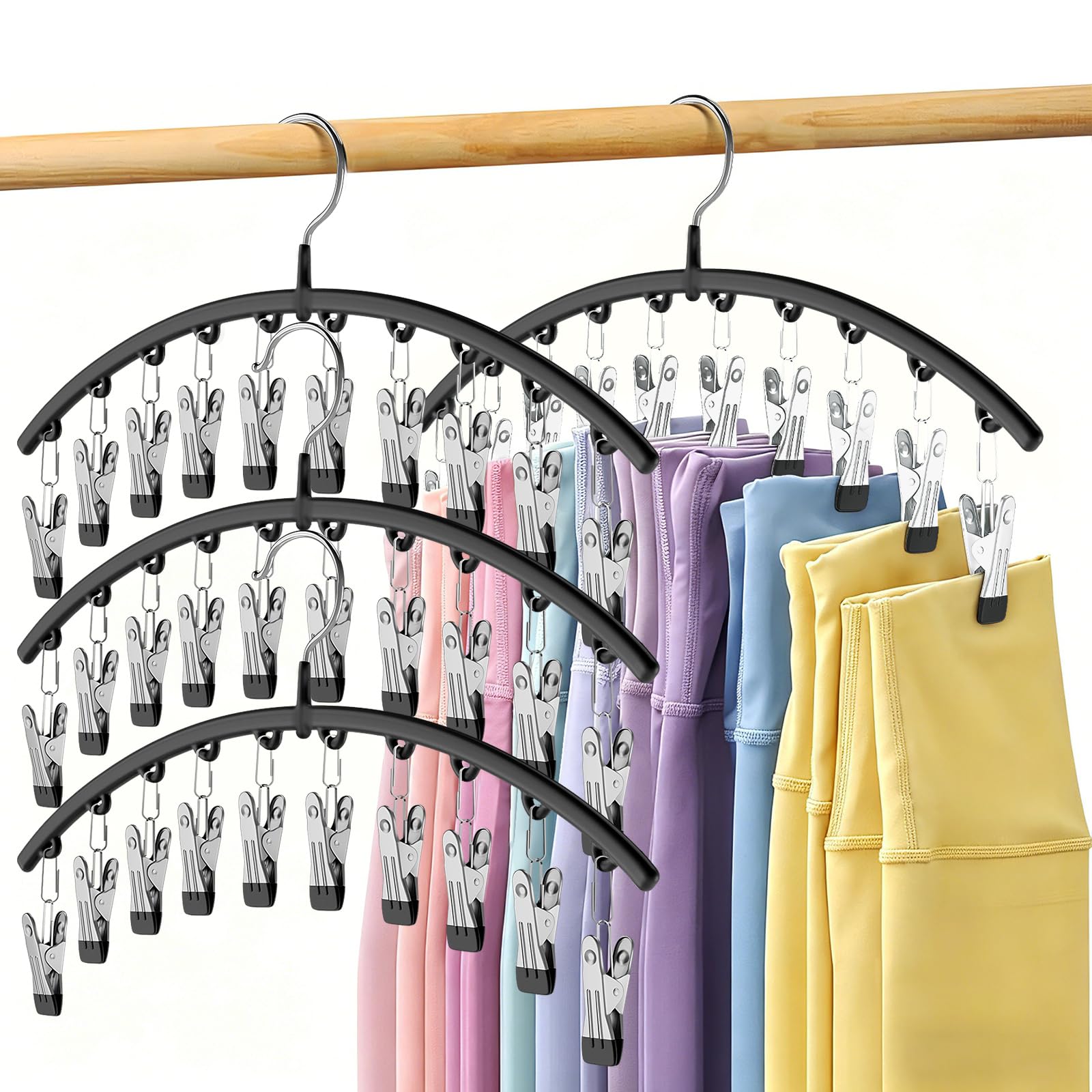 Legging Organizer for Closet, Metal Yoga Pants Hangers 4 Pack w/10 Clips Holds 40 Leggings, Space Saving Hanging Closet Organizer w/Rubber Coated Closet Organizers and Storage, Black