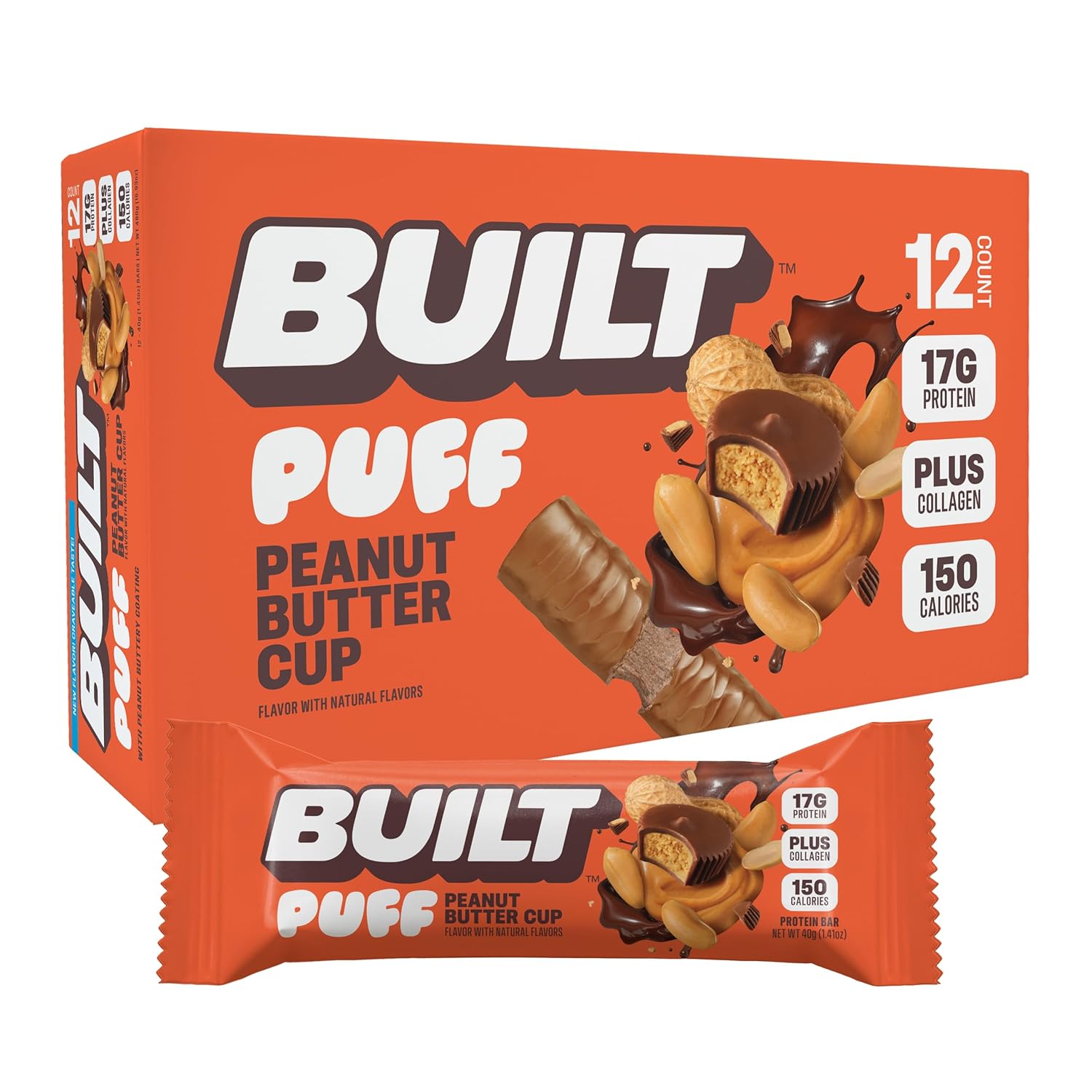 BUILT Bar Puff Protein Bars - Peanut Butter Cup - 17g Protein Snack Bars with Collagen - Calorie Conscious & Gluten Free - 12 Count