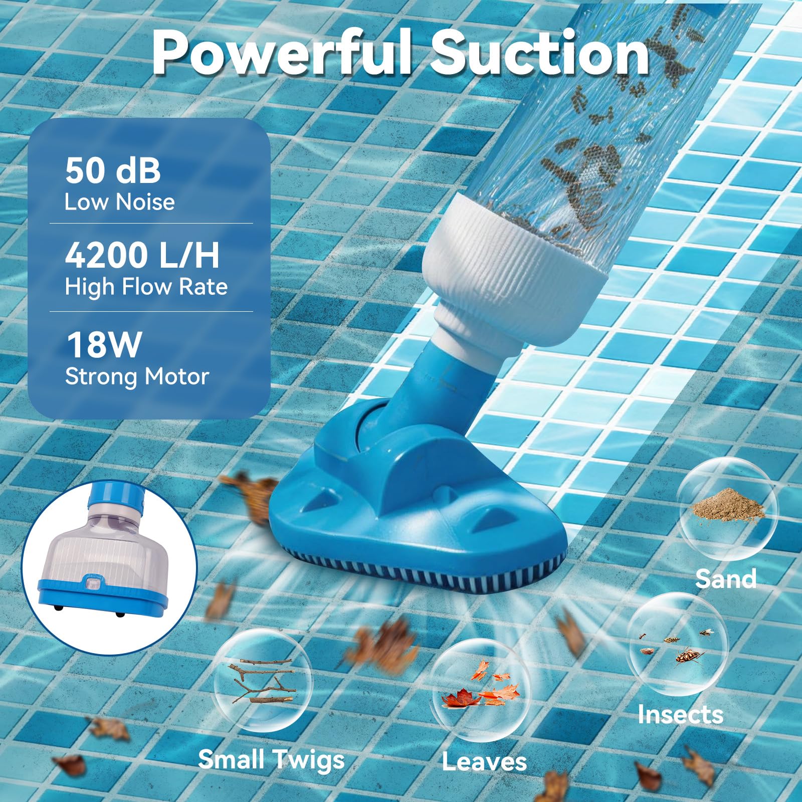 Aspirateur de Piscine sans Fil, Nettoyeur de Piscine à Main avec Autonomie 70 Mins, Charge Rapide 1H, IPX8 Étanche, Idéal pour Spa, Jacuzzi, Piscine Hors Sol et Escaliers