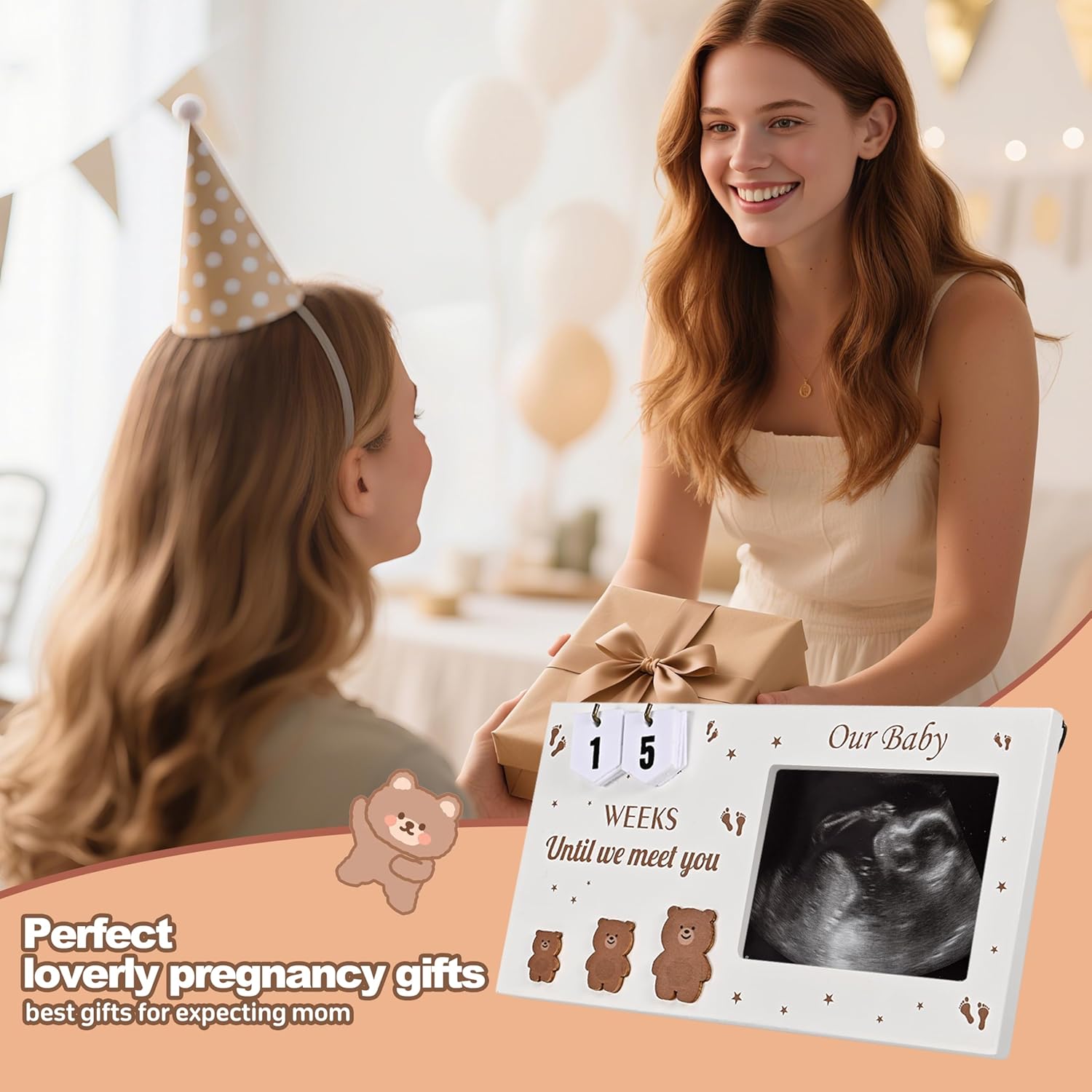 Pregnancy Countdown Sonogram Picture Frame with Number Cards & Newborn Handprint Kit – Bear-Themed Ultrasound Keepsake Gift for Expecting Parents & Grandparent Reveal (Brown) - Image 6