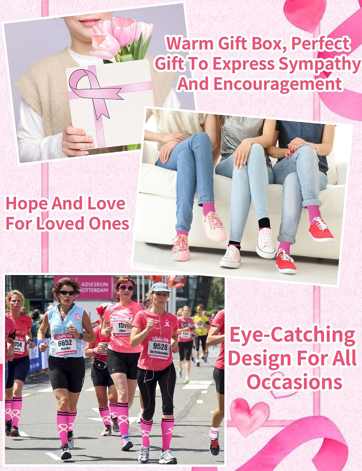 10 Pairs Pink Breast Cancer Awareness Socks,Pink Ribbon Knee High Socks