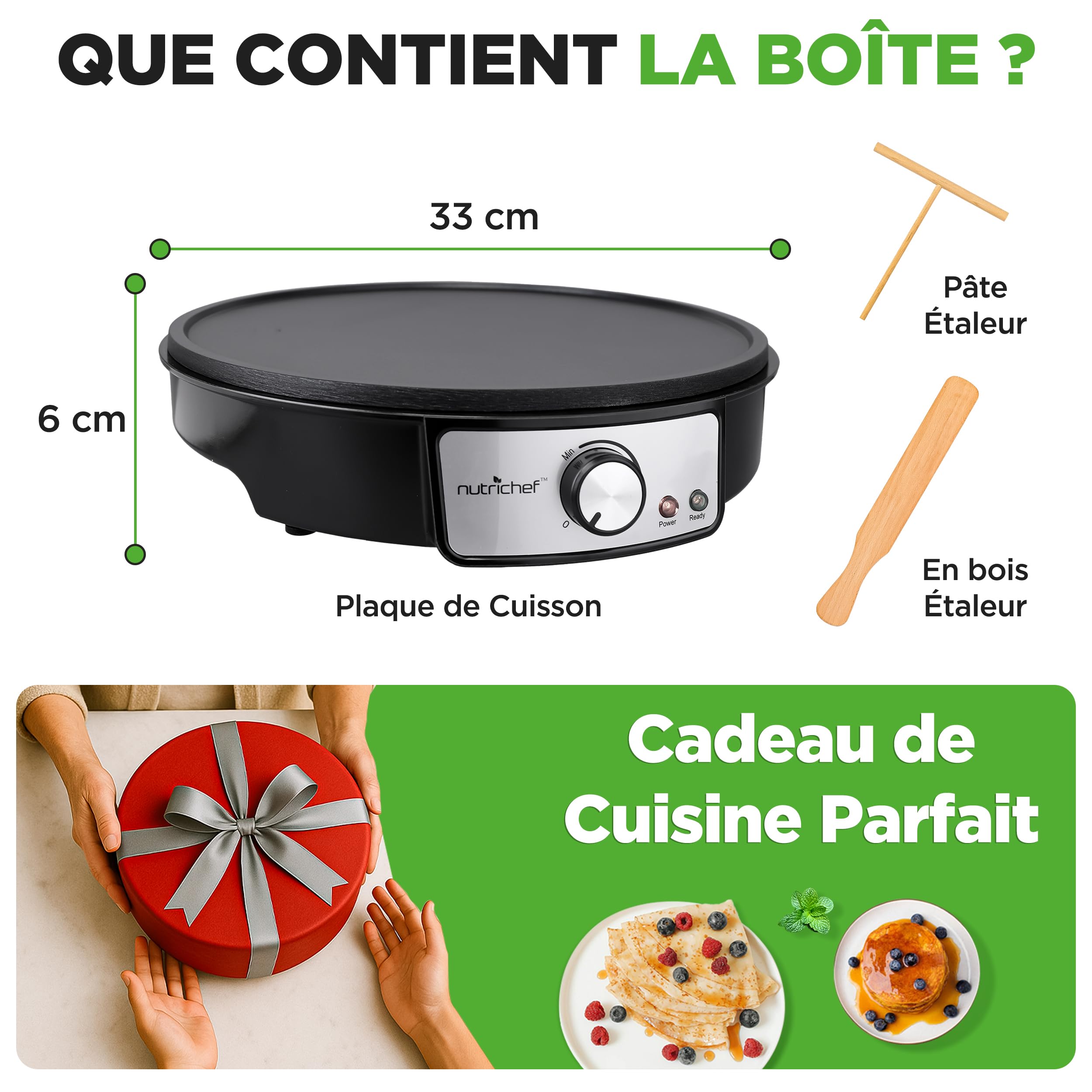 NutriChef Crêpière Électrique 30 cm – Plaque en Aluminium Antiadhésive avec LED, Thermostat Réglable, Spatule Bois et Râteau Inclus