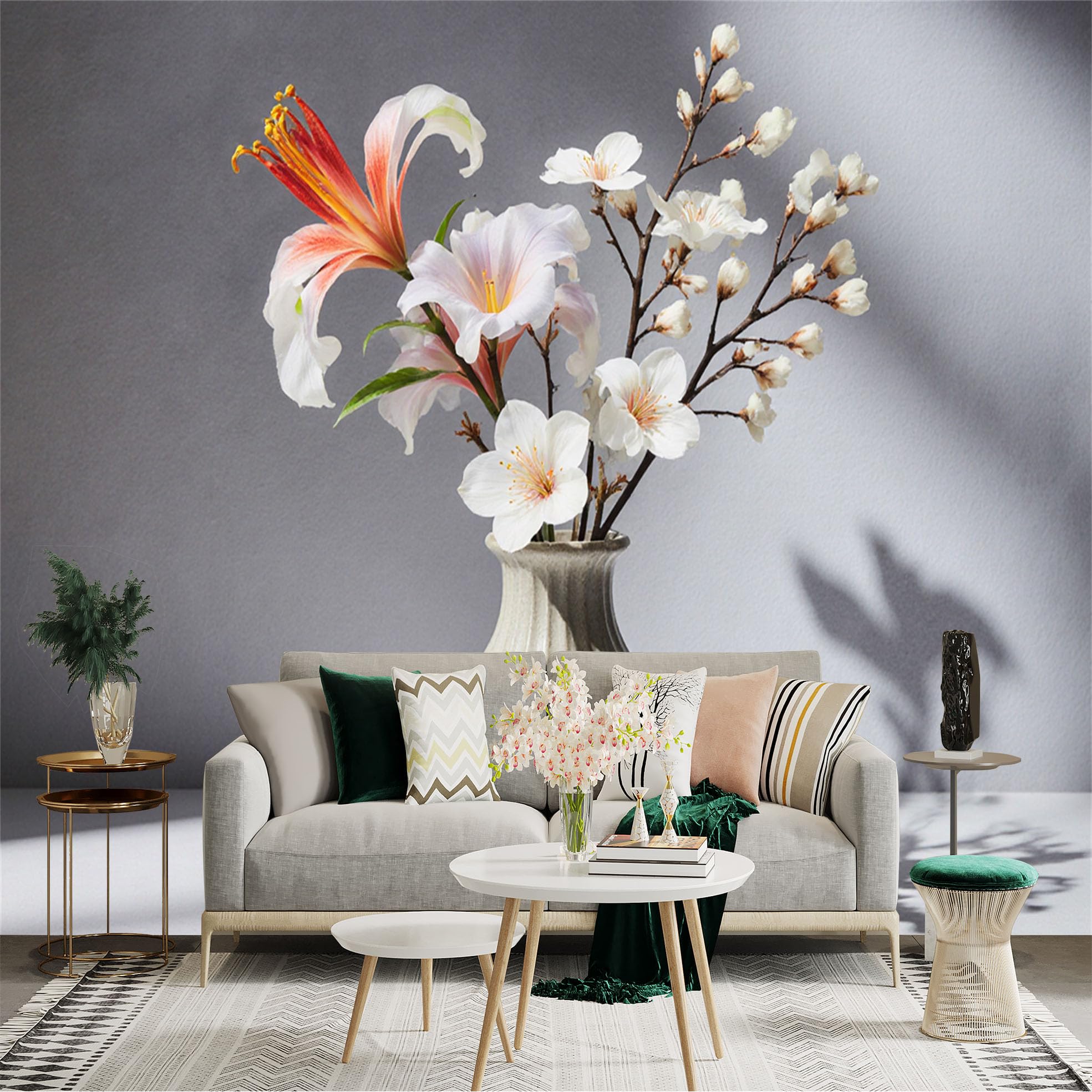 Custom Size Wall Sticker Mural， Elegant Flower Bouquet in Ceramic Vase， Blooming Lily and Cherry Blossom Branches， Minimalist Botanical Art， for wall Decoration， peelandstick wall Decals.