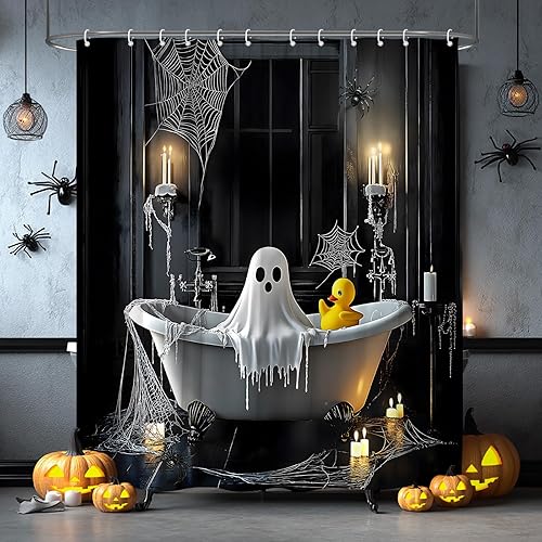 Cortina de ducha de fantasma de Halloween, bañera de terror espeluznante, ventana gótica, telaraña, noche aterradora, decoración de baño, cortina de