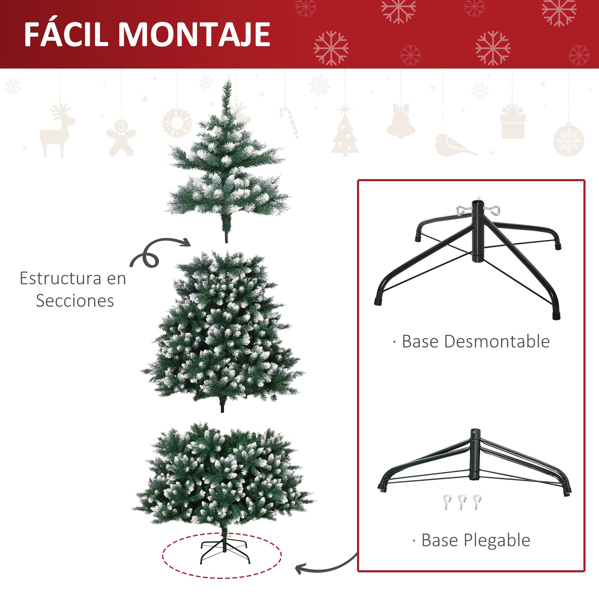 HOMCOM Árbol de Navidad 2012 Ramas con Soporte Metálico 210 cm Verde | Árbol Artificial de Navidad, Puntas Blancas, Realista, para Interiores