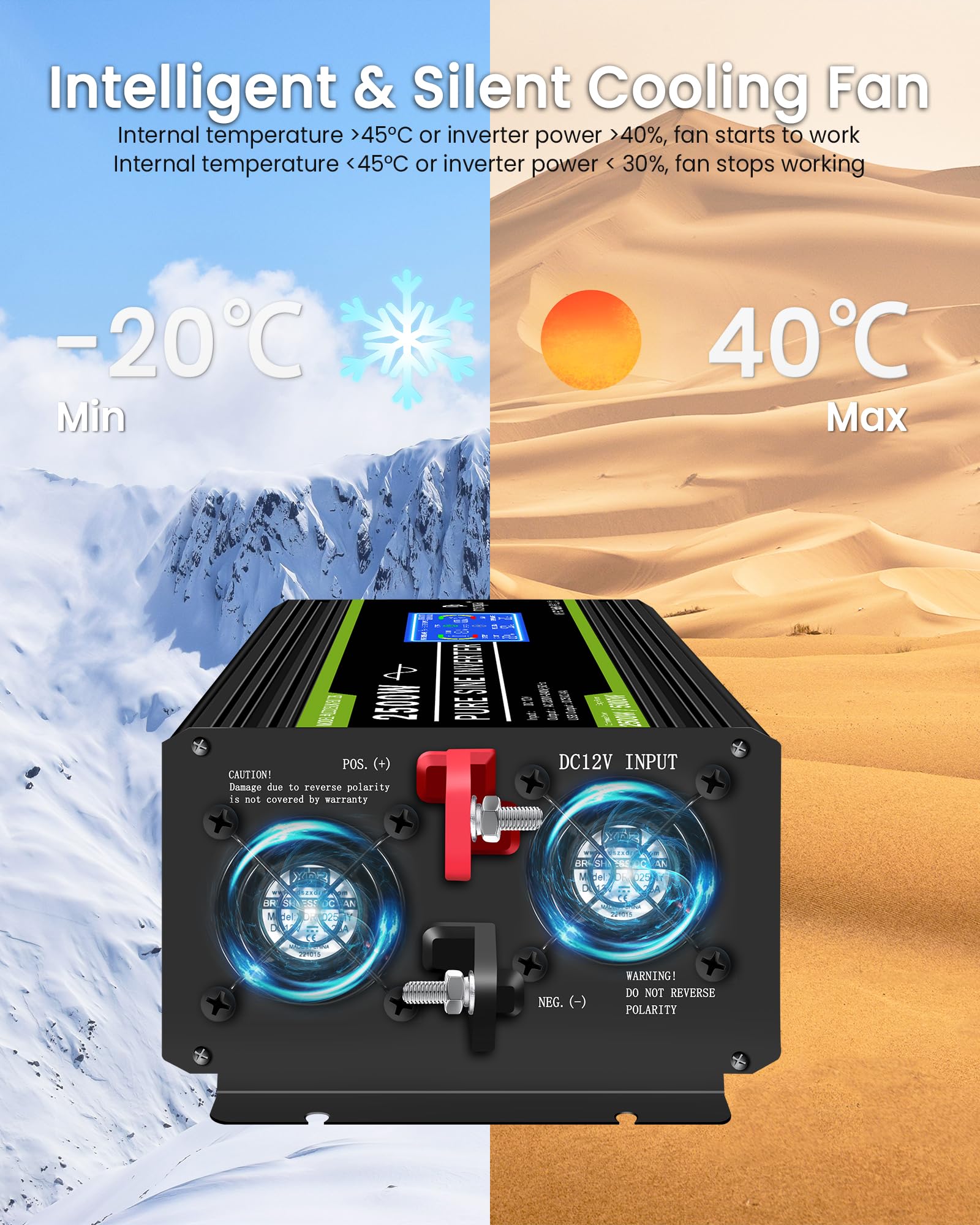 Novopal 2500W Inversor 12v 220V Onda Pura Convertidor 5M Mando a Distancia Inversor de Corriente DC Pantalla LCD Display con 2 Toma AC & 2.4A USB Puerto — view 3