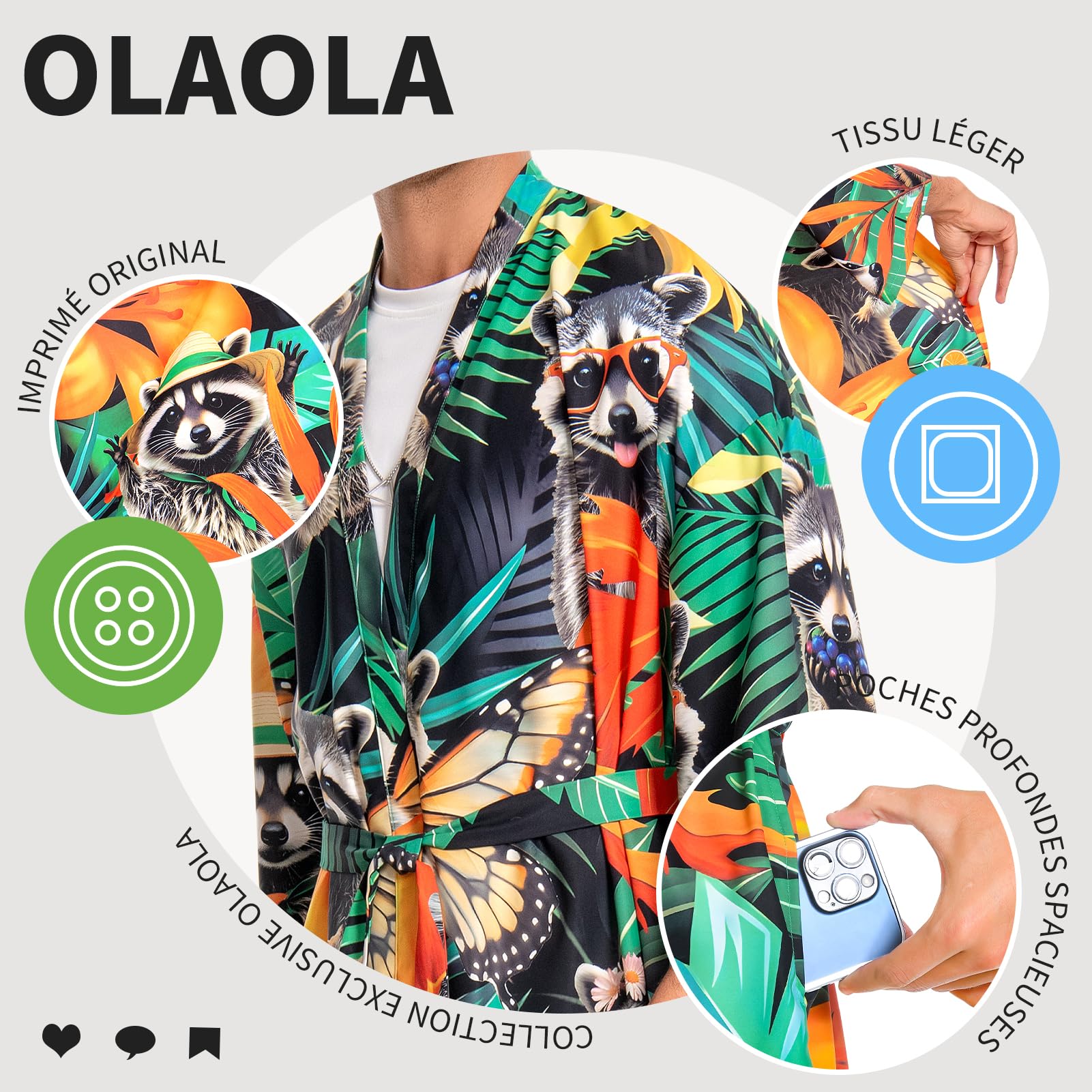 OLAOLA Kimono Plage Homme Cardigan Vacances Été Cover Up Léger Poolparty | Cover-up léger pour vacances d'été. Parfait pour piscine, croisière, EVG et voyage tropical. Élégance estivale garantie.