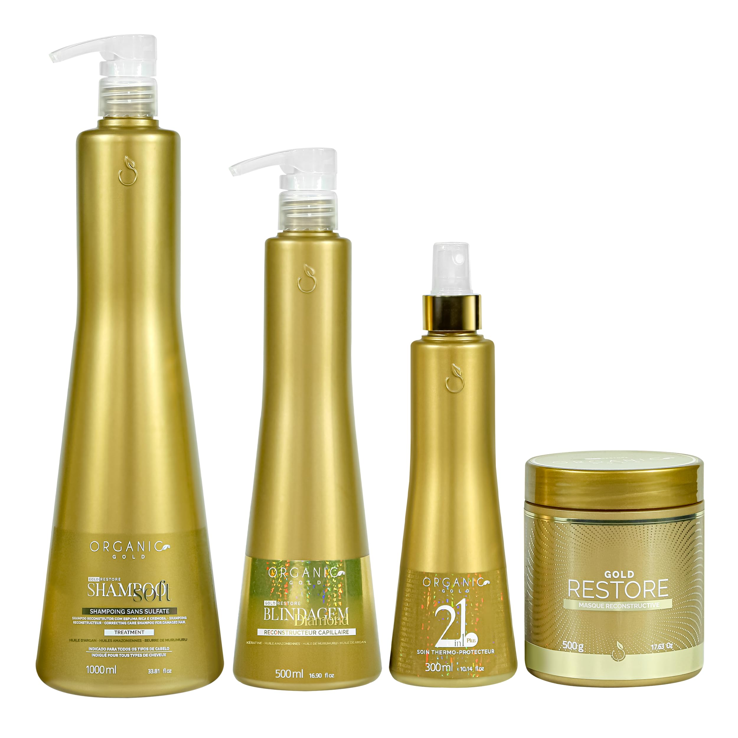 Organic Gold Kit Blindage Keratine Capillaire – Reconstruction Intense – 4 Produits : Shampoing Soft 1000ml, Blindagem 500ml, Masque Restore 500g, Spray Thermo-Protecteur 300ml