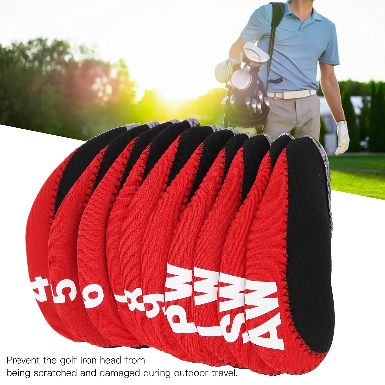 Pokrowce na głowę kija golfowego, Zestaw 10 sztuk z neoprenu i sztucznej skóry for ochrony w podróży (czerwony)
