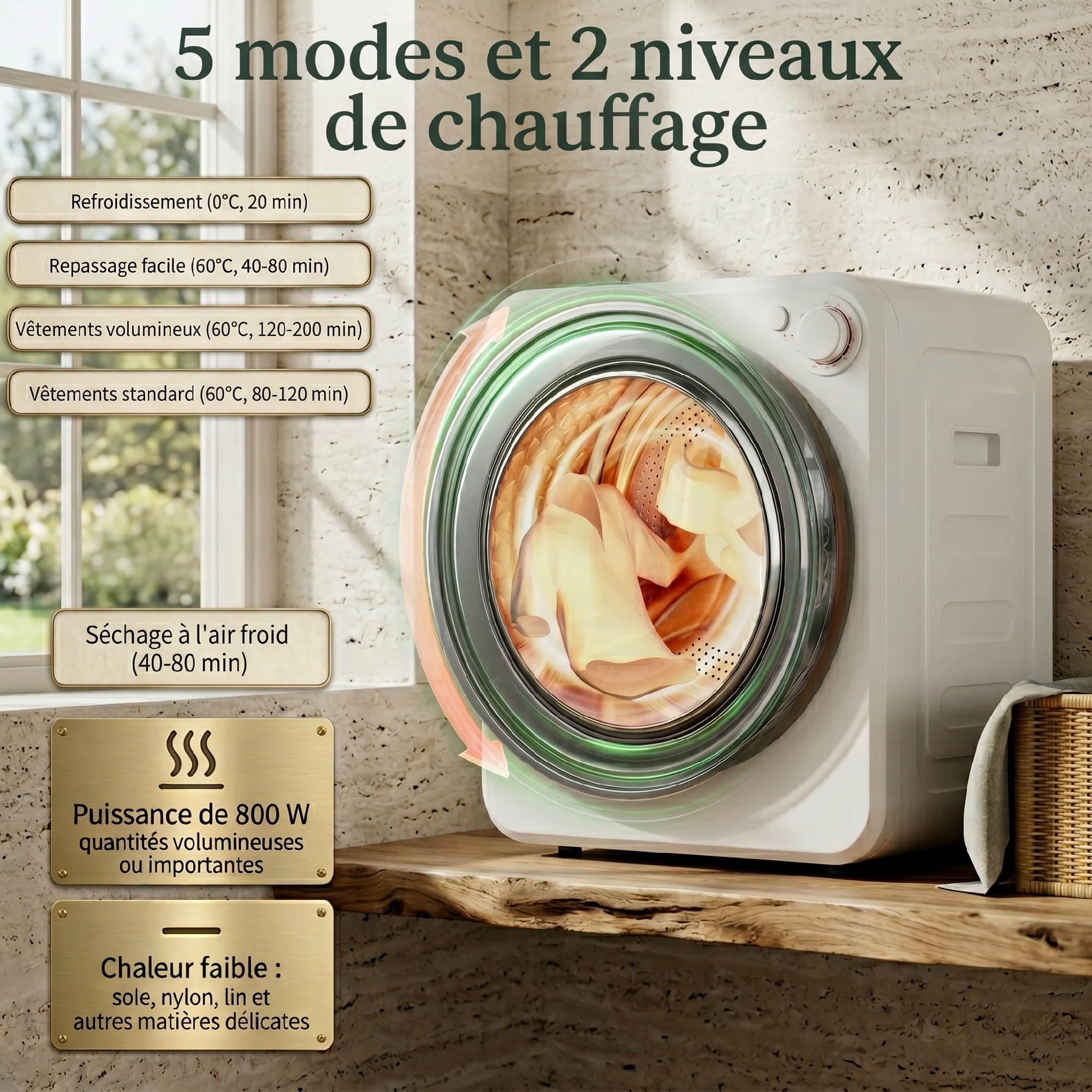 HOMCOM Sèche-linge à évacuation portable 2,5 Kg électrique compact 400/800 W, 5 modes, tambour acier inoxydable, charge frontale, blanc