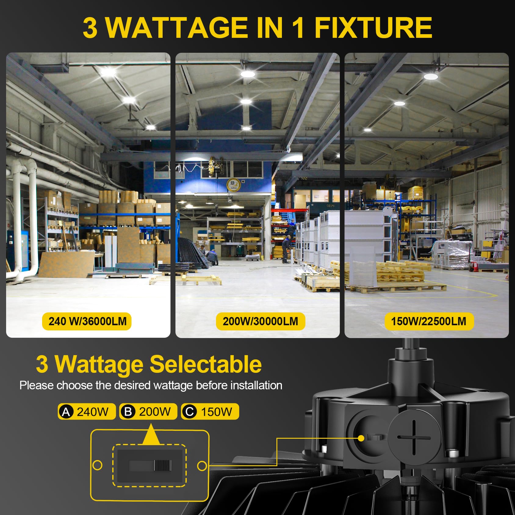 9Pack 480V UFO LED High Bay Light 240W 200W 150W Adjustable ETL DLC Listed 5000K 36000Lm High Bay — view 3