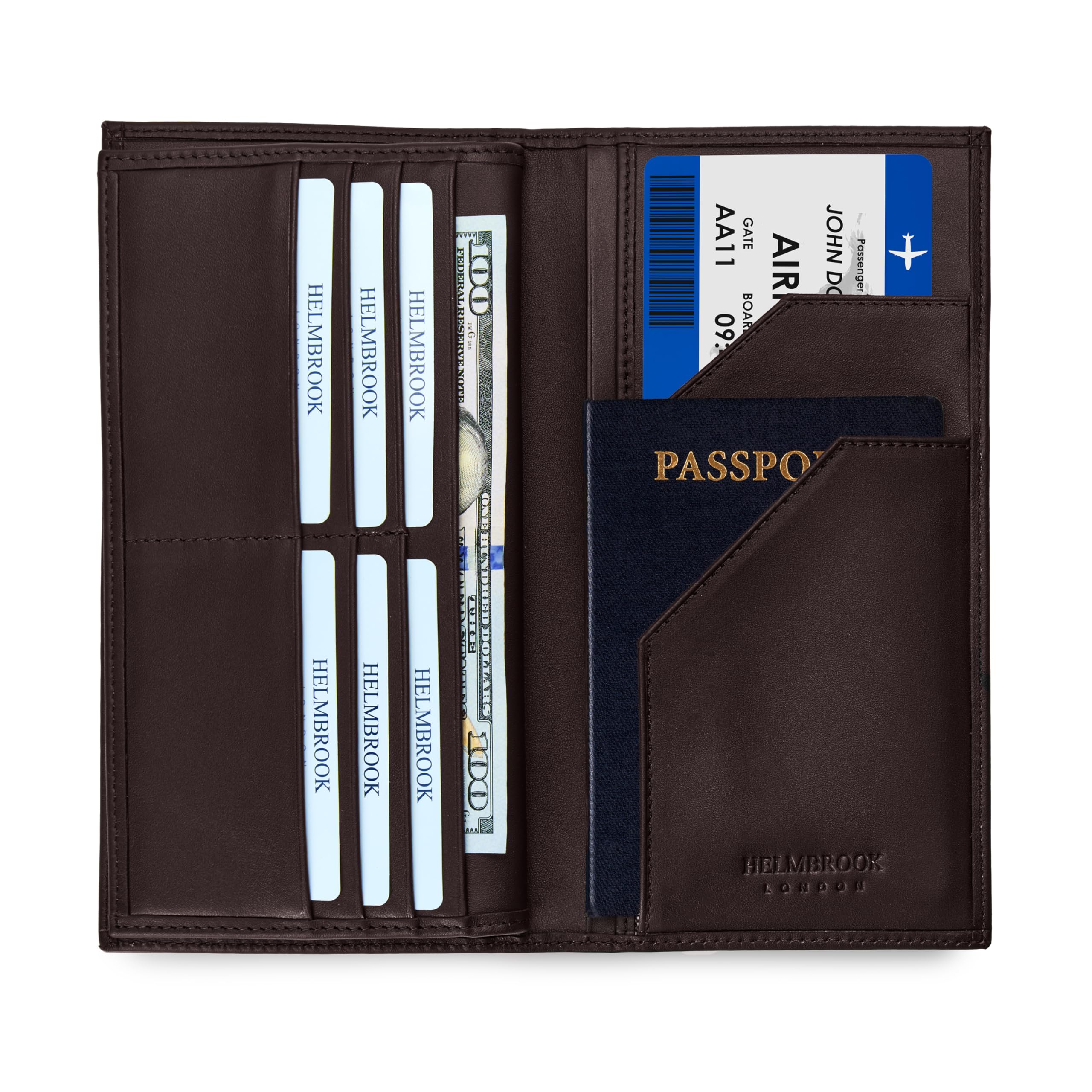Cartera de viaje RFID para pasaporte con 4 compartimentos y 12 tarjeteros, hecha de cuero vacuno de grano completo hecho a mano, Marrón, Classic