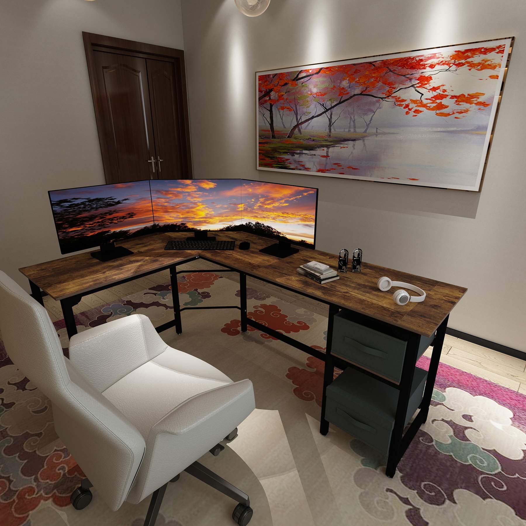 SZXKT Reversible L Shaped Desk, Home Office Desk with Drawers,Corner Computer Table Sturdy Gaming Desk Writing Desk Studio Craft Tables Workstation Printer Table with Non-Woven Drawer Rustic Brown