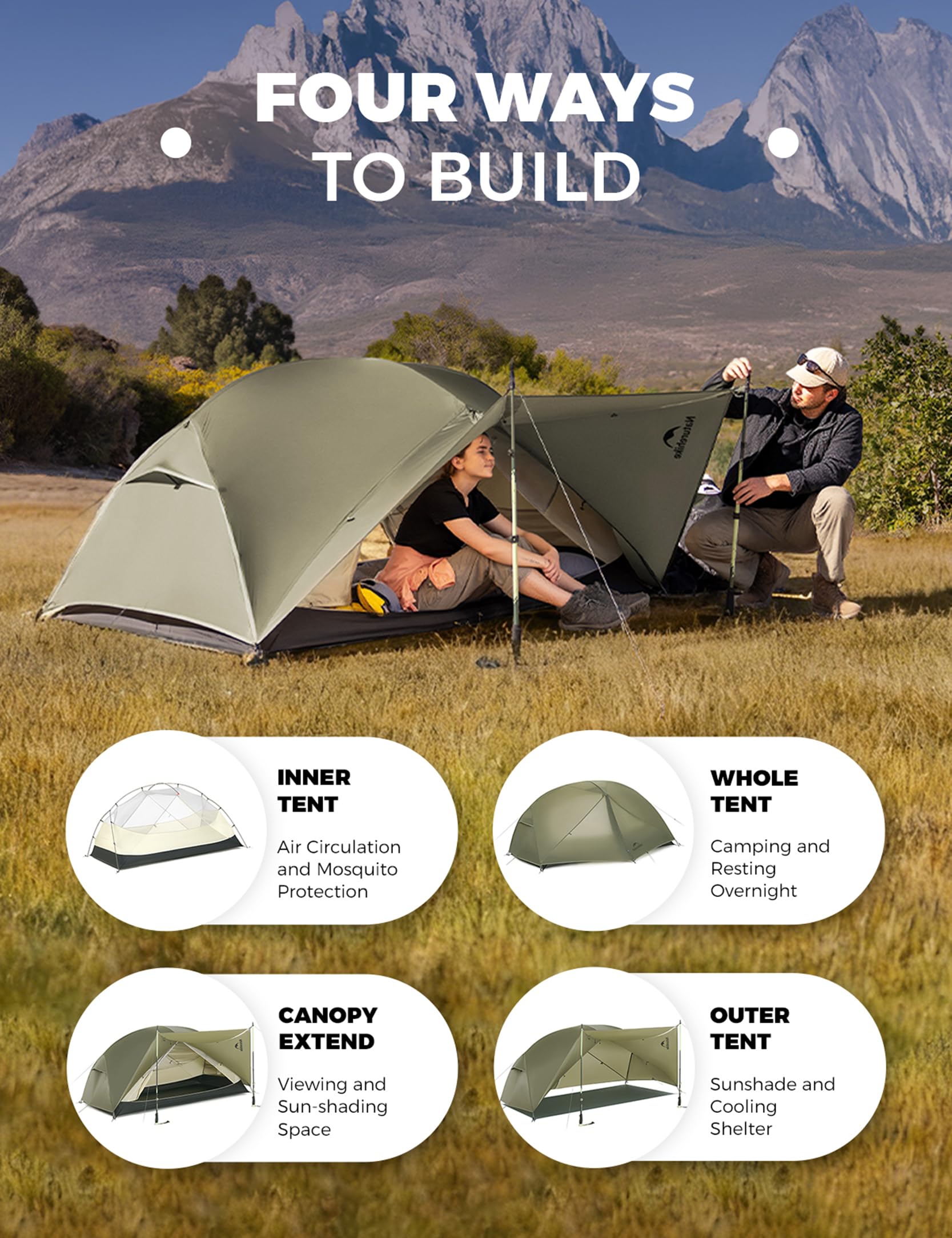 Naturehike Mongar Pro Tente de trekking ultra légère autoportante 20D | Tente autoportante 3 saisons en silnylon 20D avec PU3000 mm, seulement 1,46 kg et variantes de montage polyvalentes.