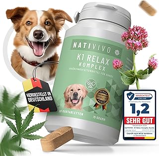 NatiVivo® 60 Tabletten Premium Hunde K1 Relax Komplex Beruhigungsmittel hochdosiert inklusive Baldrian und Hanfsamenöl. Relaxt durch den Alltag! Entspannungs- & Anti-Stressmittel für Hunde product image