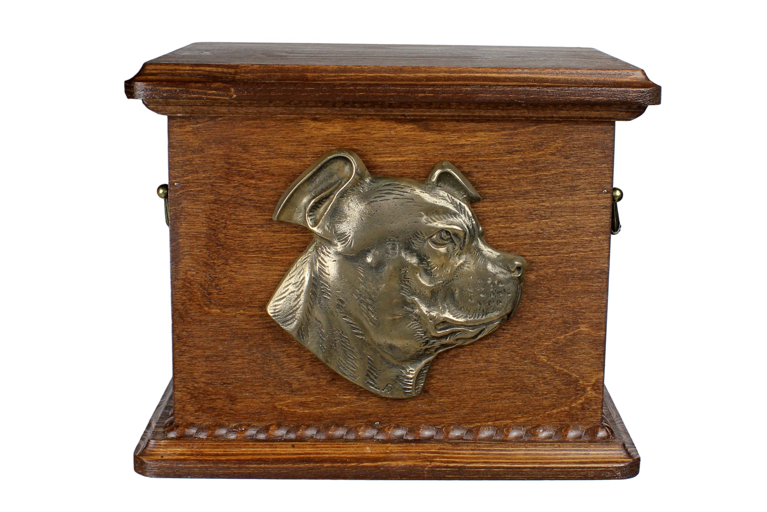 Art-Dog Urn for Dog Ashes - Handmade Memorial with Relief, Personalized Engraving, and Cold Cast Bronze Bust – Custom Pet Memorial Urn – 8.3x11.4x8.7” – Staffordshire Bullterrier
