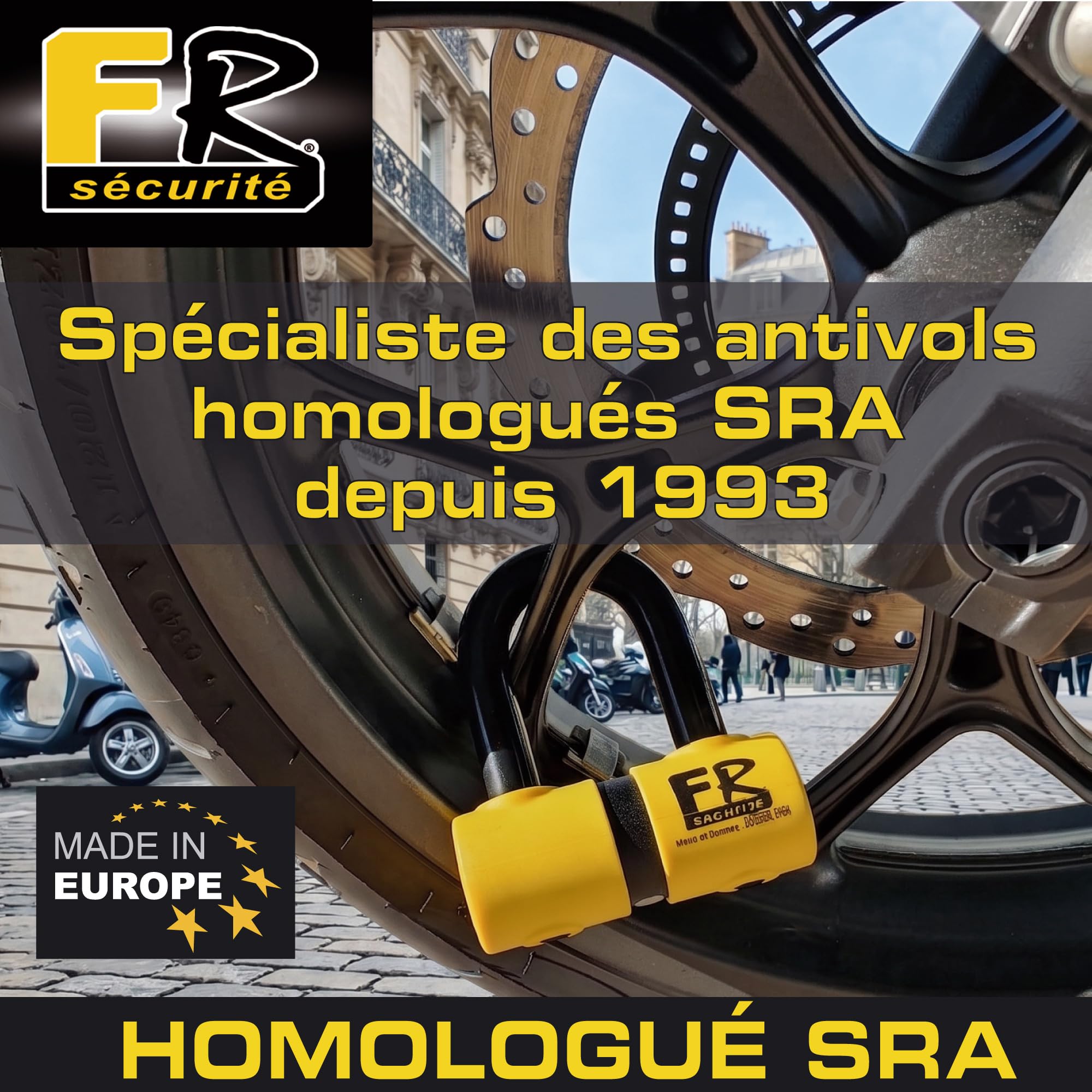 FR SECURITE FR50 Antivol Moto Homologué SRA, Bloque Disque Mini U ø18mm en Acier Cémenté, Testé contre Sciage Coupe-Boulons, Bloc Disque Double Verrouillage, Serrure Haute Sécurité Anti-Crochetage