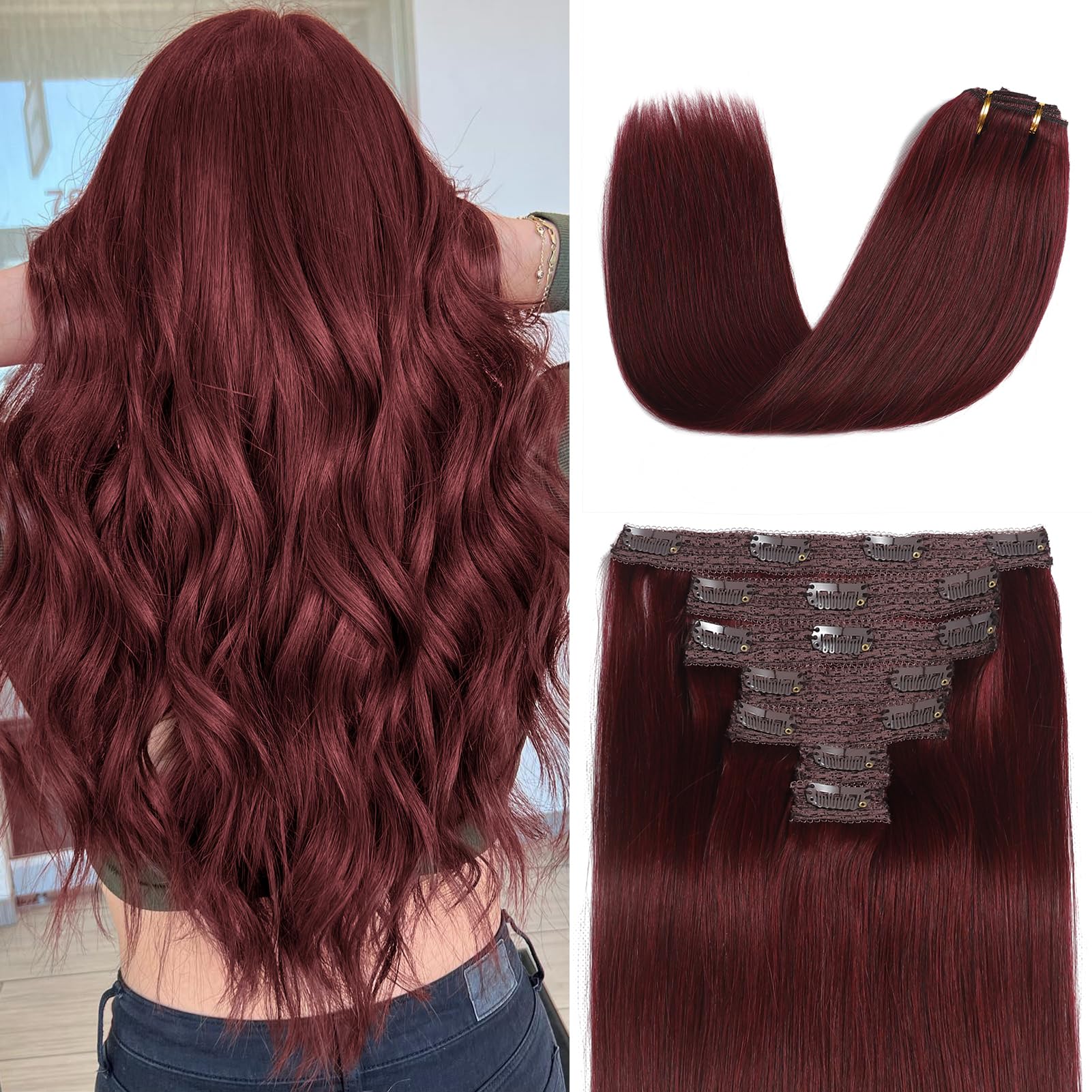 Mocona Clip in Hair Extensions Real Human Hair, Burgundy Red – 12 Inch 7pcs 70g/Pack, Soft Hair Extensions Real Human Hair Clip ins Straight for Women
