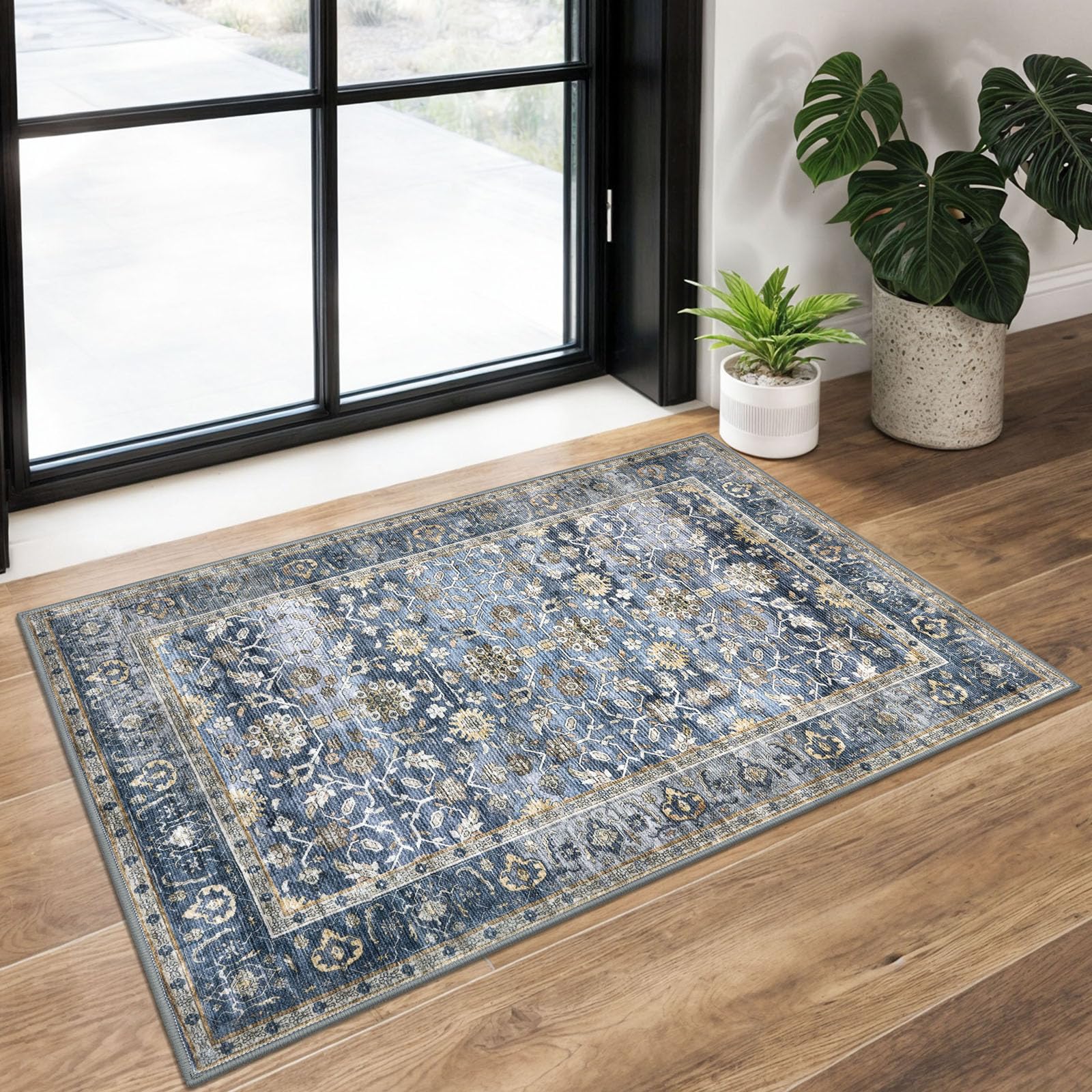 KUTA Vintage 2x3 Rugs for Entryway, Non-Slip Washable Kitchen Rugs & Indoor Door Mat with Floral Print, Blue Grey Beige Ultra Thin Soft Low-Pile Throw