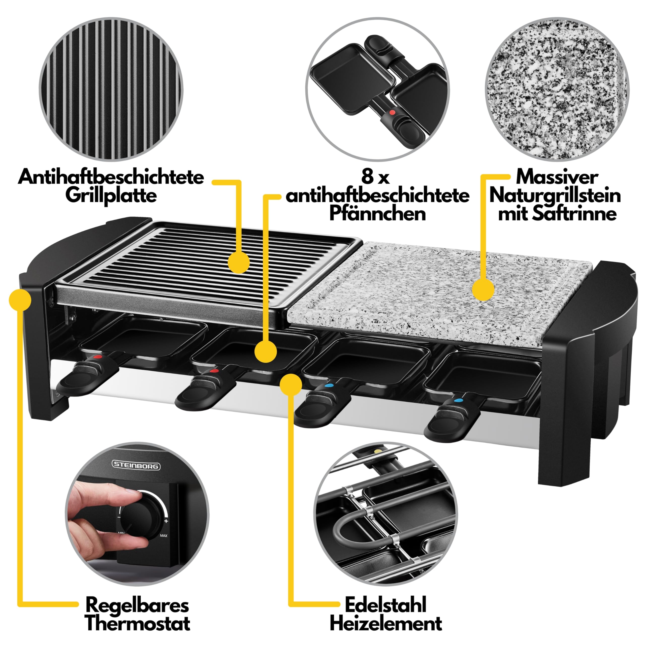 Raclette Gerät für 8 Personen | Party Grill mit Massiver Naturstein- und Beschichteter Grillplatte | Elektro Tischgrill | 1300 Watt | Heizelement aus Edelstahl