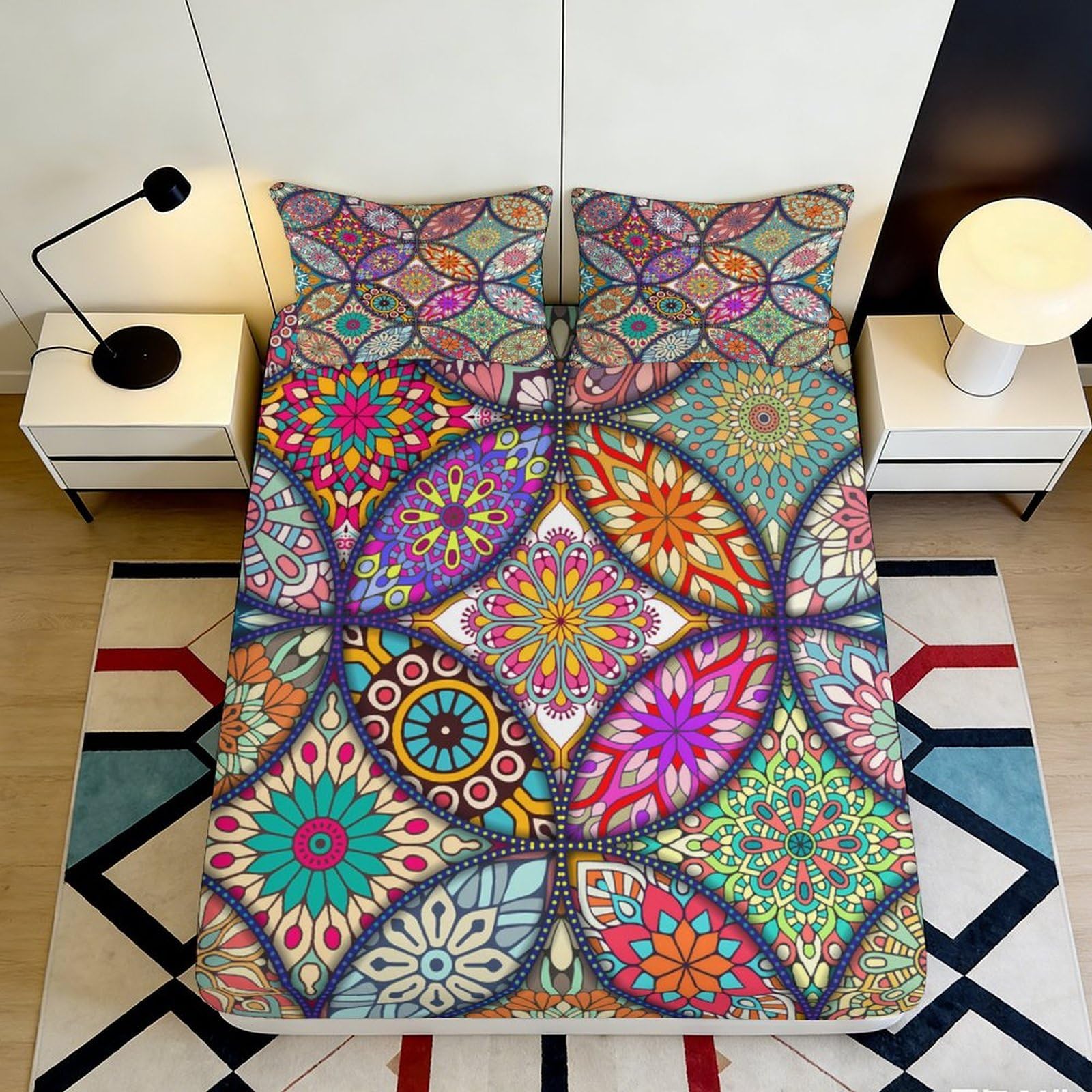 3D Printed Mandala Mosaic Fitted Sheet Microfiber Soft Breathable Boho Floral Mattress Cover for Bedroom Guest Room Decor 120x200cm 160x200x25cm